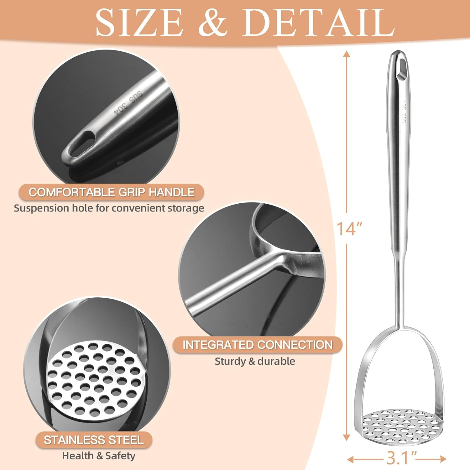 Heavy Duty Mashed Potatoe Masher, Professional Integrated Stainless Steel Pot... - Picture 3 of 15