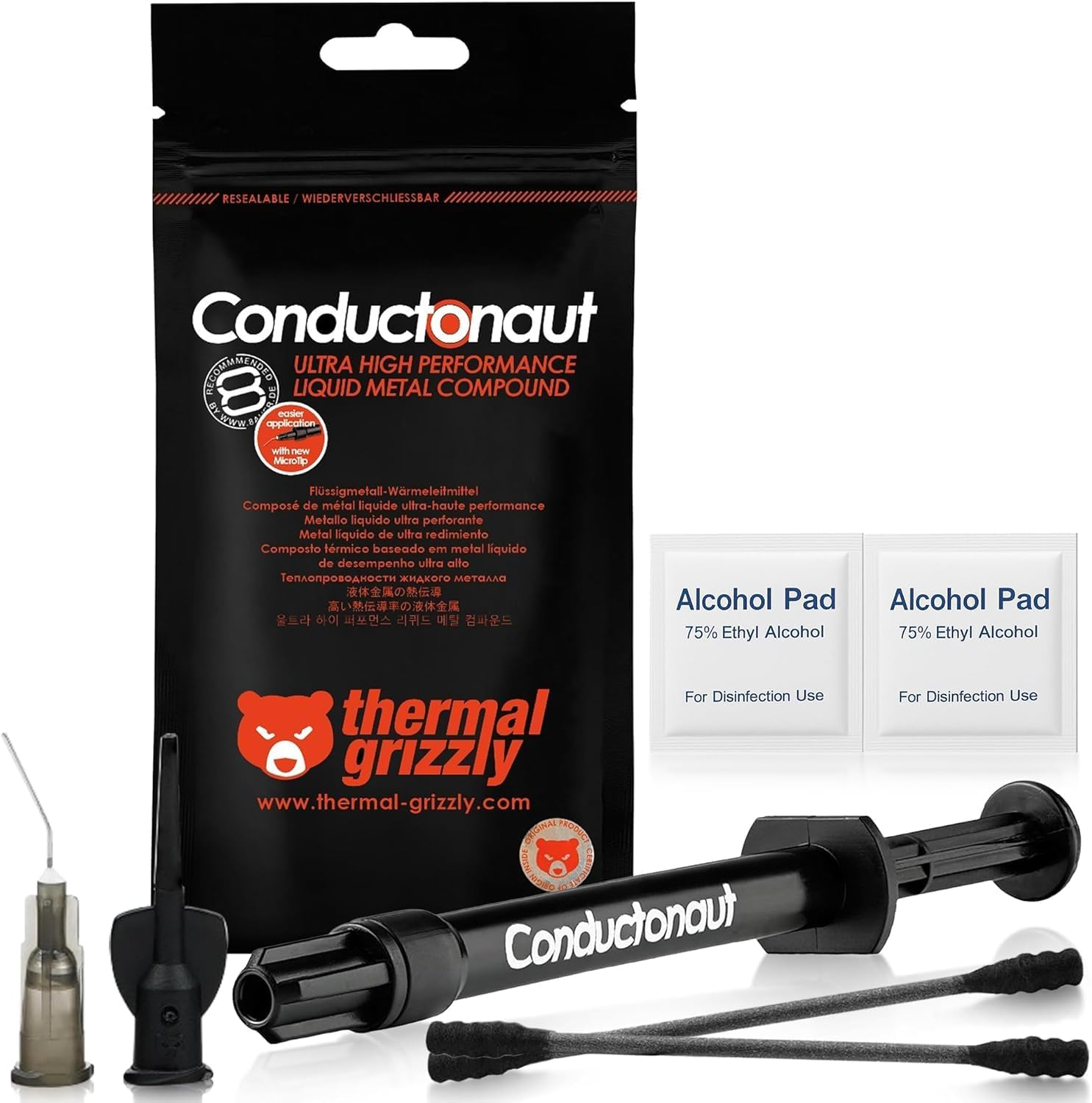 Thermal Grizzly Conductonaut Thermal Grease - 1Gram Set + Extra Applicators - Liquid Metal Thermal Paste for Cooling the CPU, GPU (Conductonaut) (1G Combo) Made in Germany