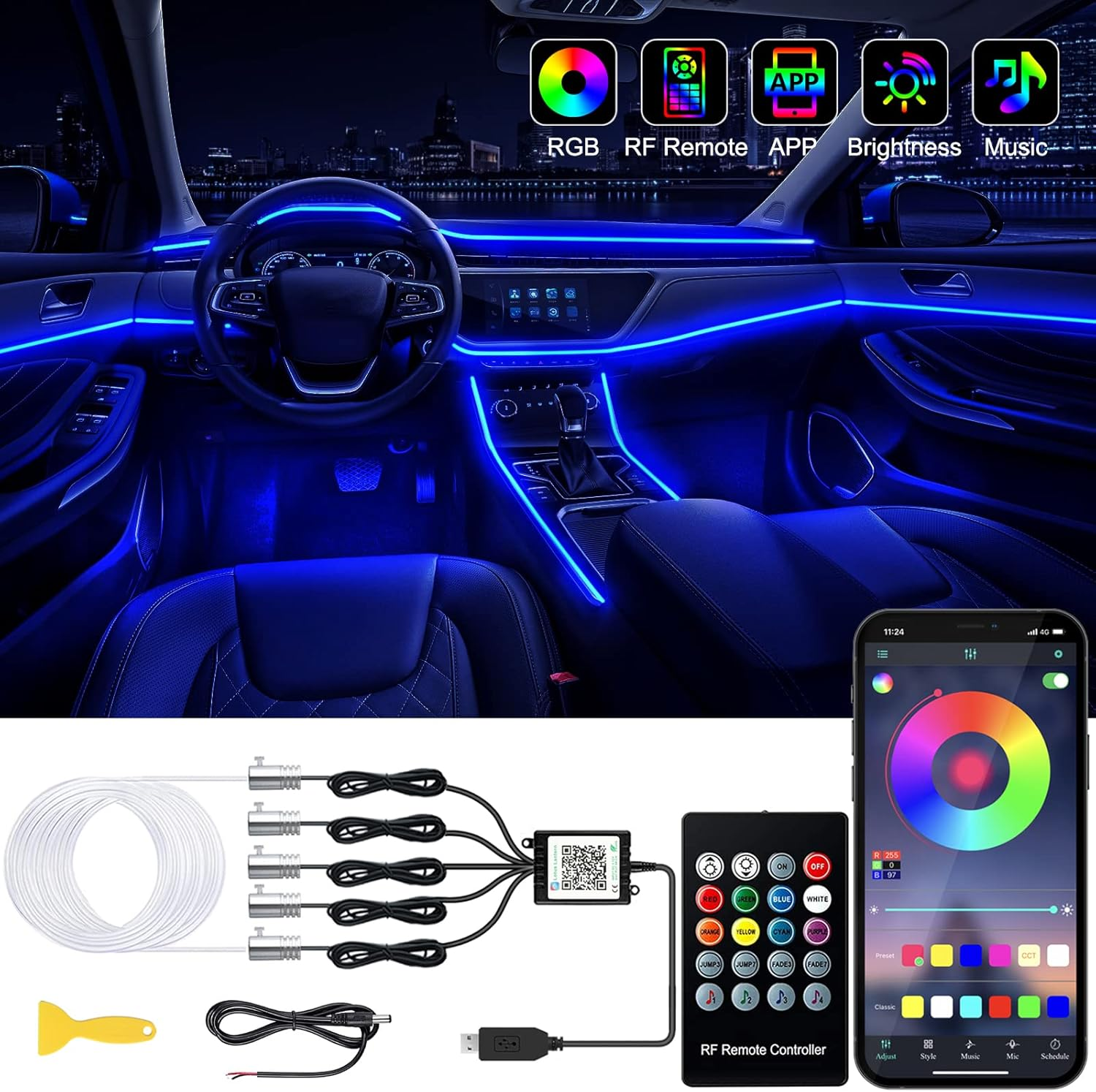 Interior Car LED Strip Lights with Wireless APP and Remote Control, RGB 5 in 1 Ambient Lighting Kits with 236 Inches Fiber Optic, 16 Million Colors Car Neon Lights, Sync to Music