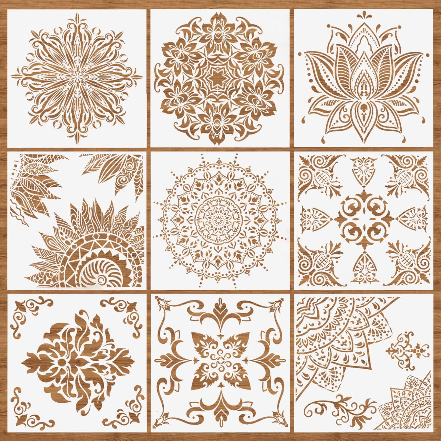 9 Pack(12x12 Inch) Large Mandala Stencils, Reusable Stencils for Painting Template Stencils Painting DIY Xmas Decor Art Scrapbook on Wood, Floor, Wall, Tile