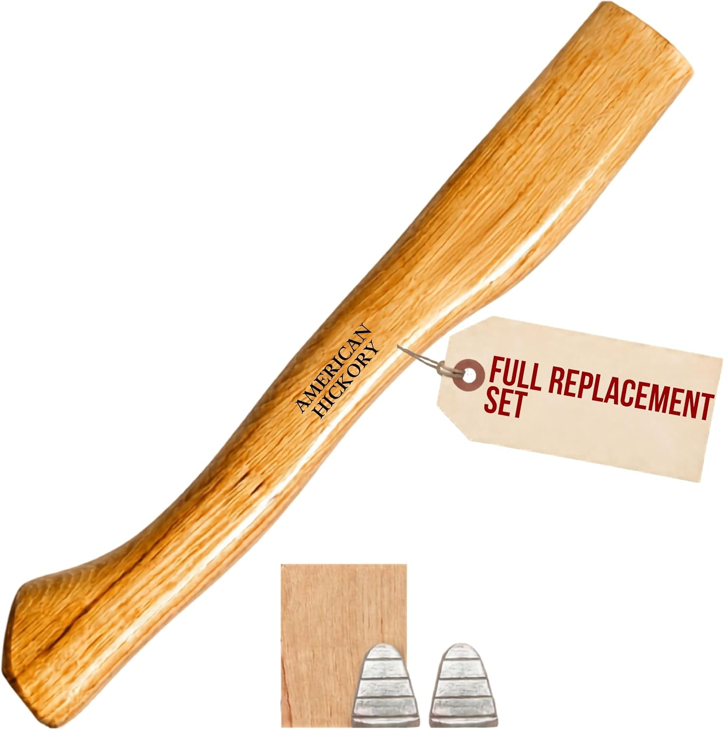 1 Pack American Hickory Axe Handle Replacement for 14" Axes That Use 1-1/4 Pound Heads Complete Set with Wooden and Steel Wedges - Hatchet Handle Replacement - Hickory Hatchet Handle Replacement Axe