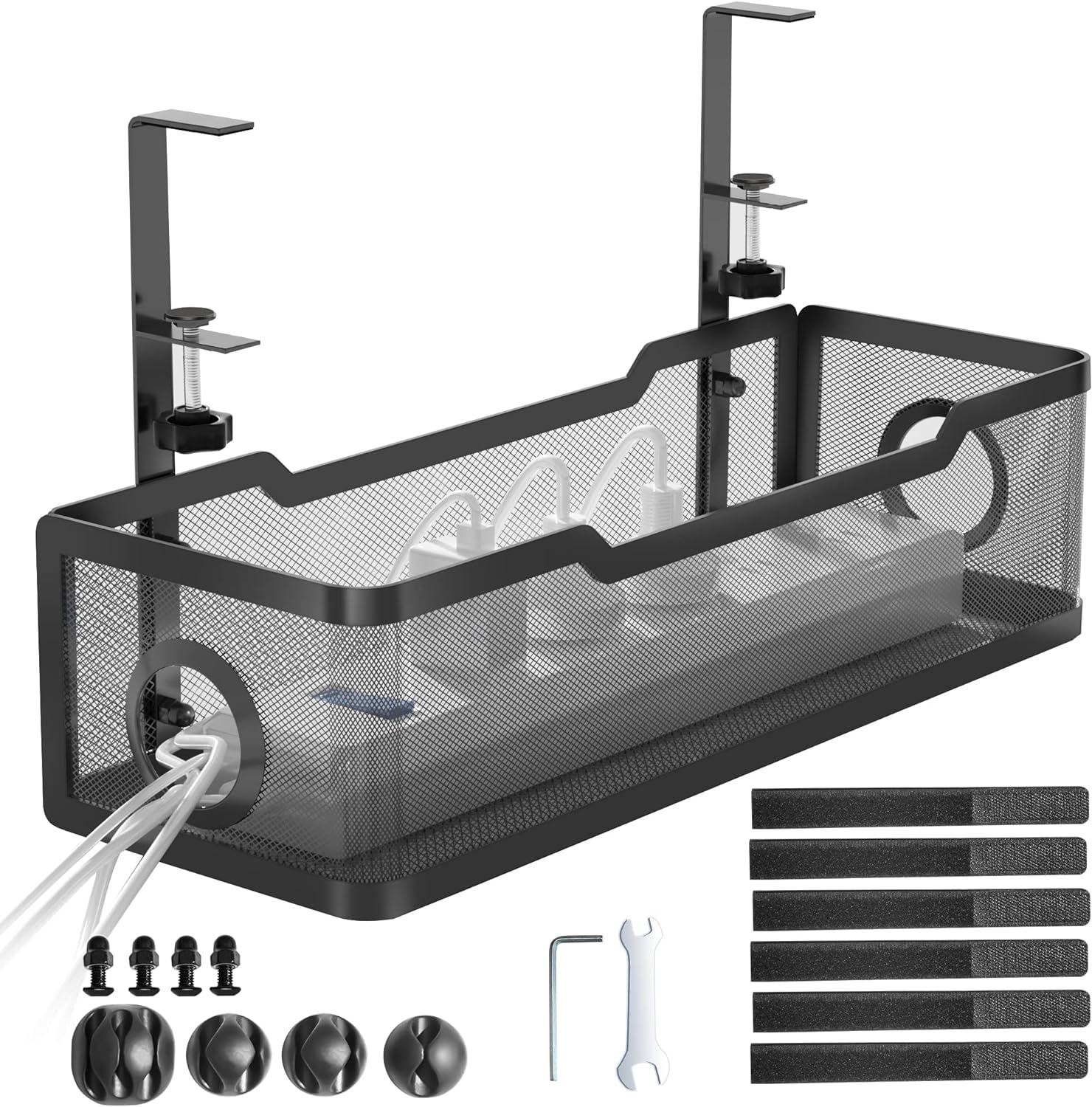 Under Desk Cable Management Tray Black, Cinati Wire Organizers No Drill, Cable Tray with Clamp for Wire Management, Cord Organization Box for Office, Home - No Damage to Desk