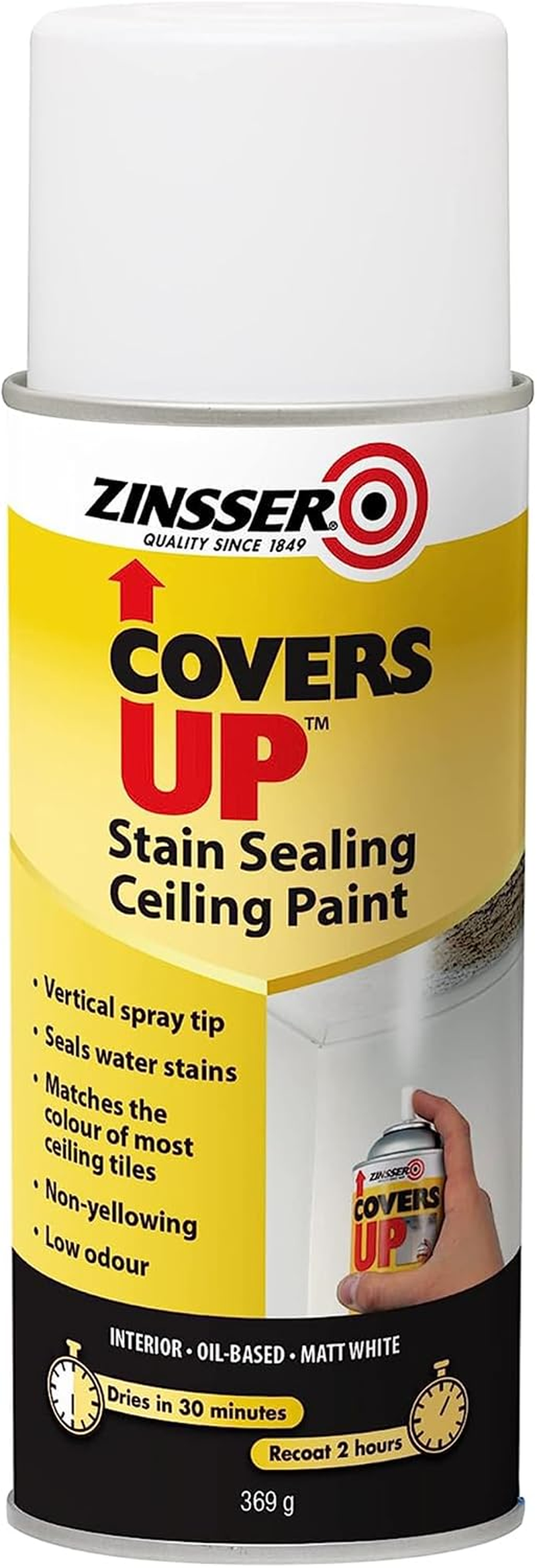 Covers up Ceiling Paint & Primer in One - 369G White Aerosol, Flat Finish, Non-Yellowing, Low-Odour - Vertical Spray for Easy Overhead Application, Seals Water Stains, for Latex & Oil-Based Paints