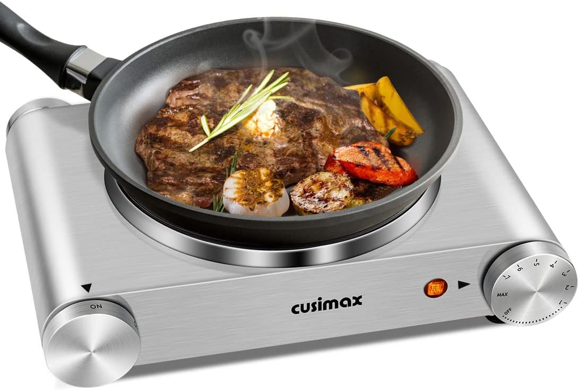 Hot Plate,  Electric Burner 1500W Hot Plate Cooking Single Burner Electric Stove with Heat-Up in Seconds Adjustable Temperature Control Silver Stainless Steel Body, Your Kitchen Assistant