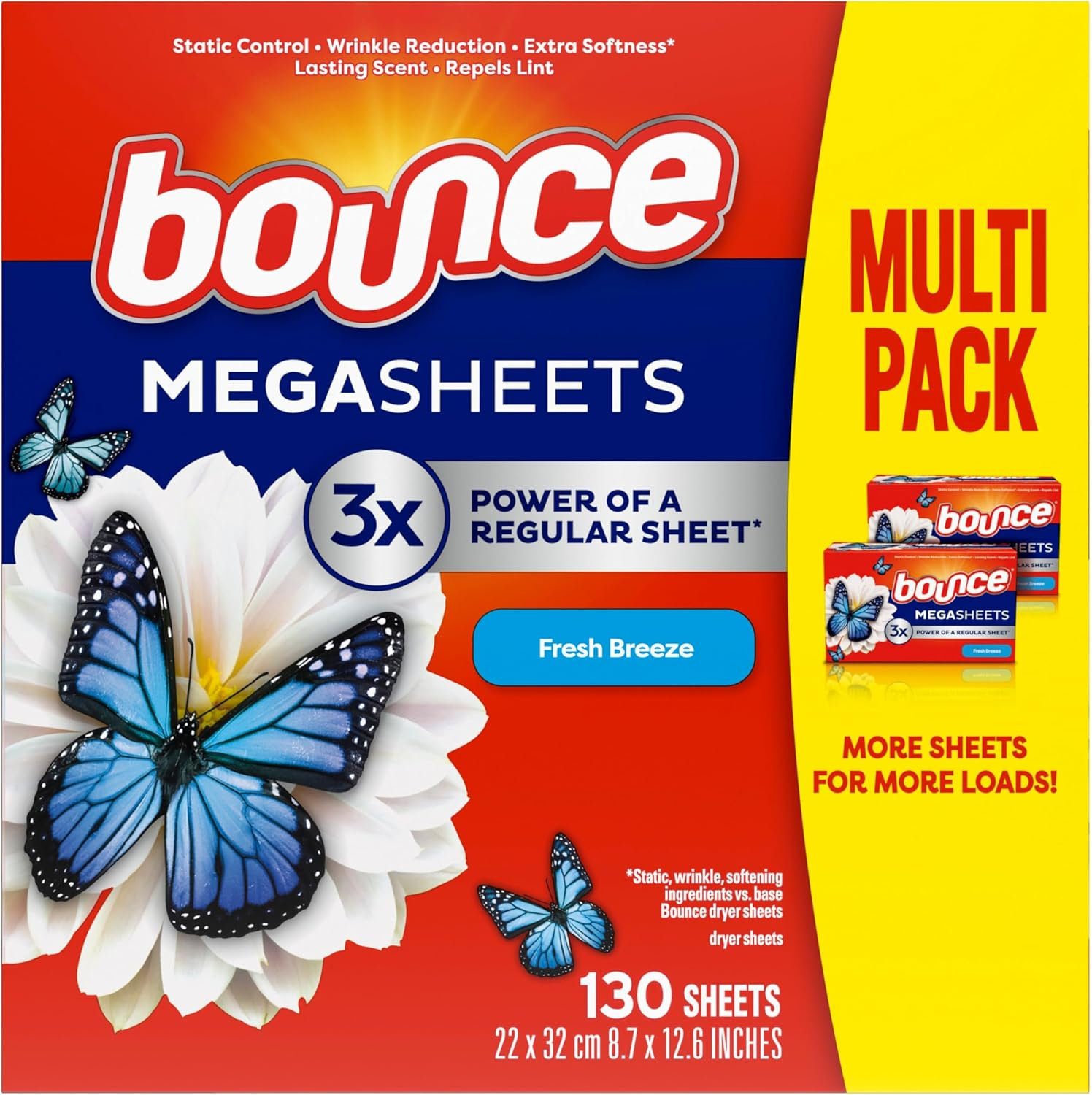 Mega Dryer Sheets, Fresh Breeze, 130 Count, Mega Fabric Softener Sheets with Static Control, Wrinkle Reduction, Extra Softness, Lasting Scent, Repels Lint