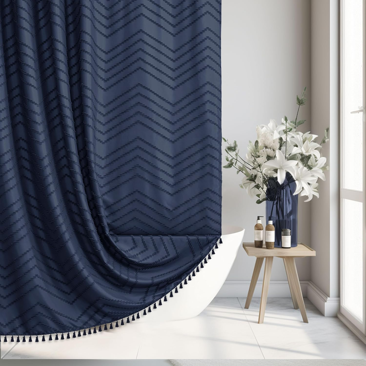Extra Long Boho Navy Blue Shower Curtain, Woven Fabric 84 in Shower Curtain