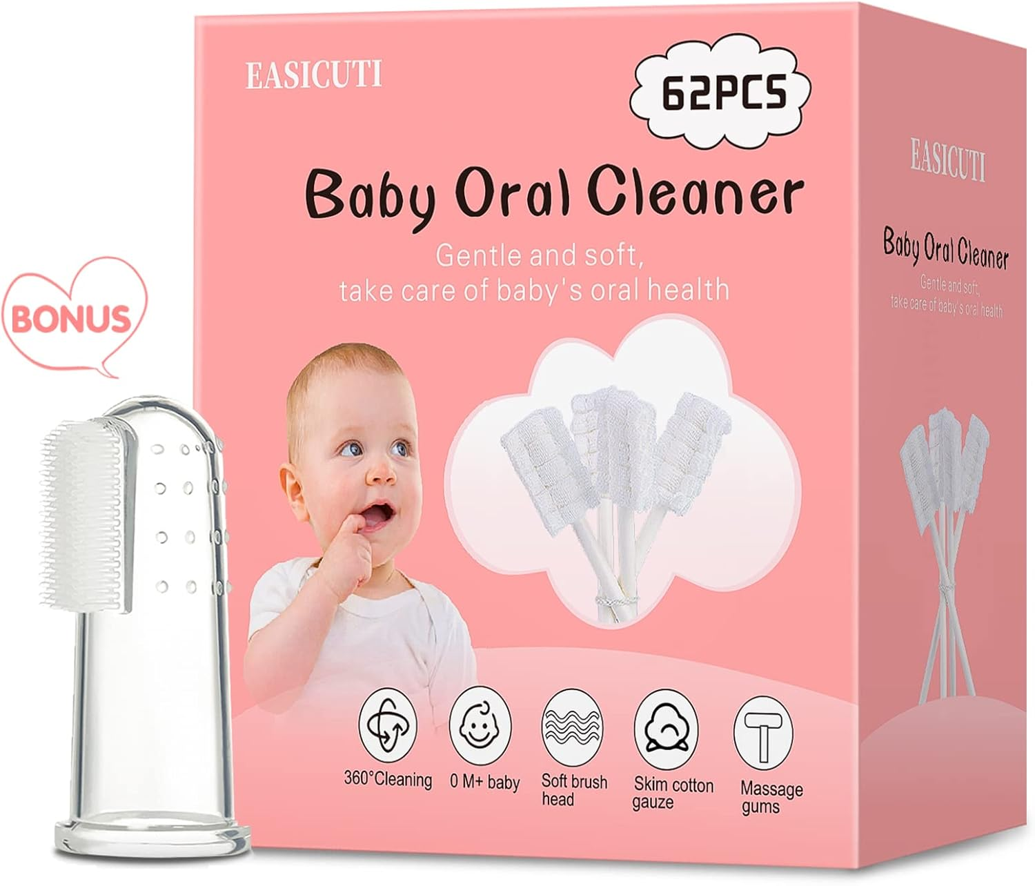 EASICUTI 62PCS Baby Tongue Cleaner, Baby Oral Cleaner Newborn Baby Toothbrush,Disposable Infant Toothbrush Clean Mouth,Gauze Gum Clean Stick Dental Care for 0-36 Month +1 Finger Toothbrush with Case