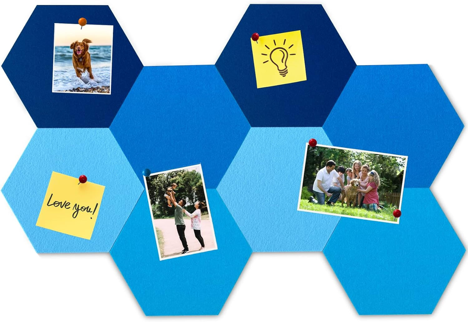 8Pcs Hexagon Felt Cork Board Tiles, Self Adhesive DIY Bulletin Board Pin Board for Office School Home Wall Decor Stickers Memos Photos Display (Gradual Blue)