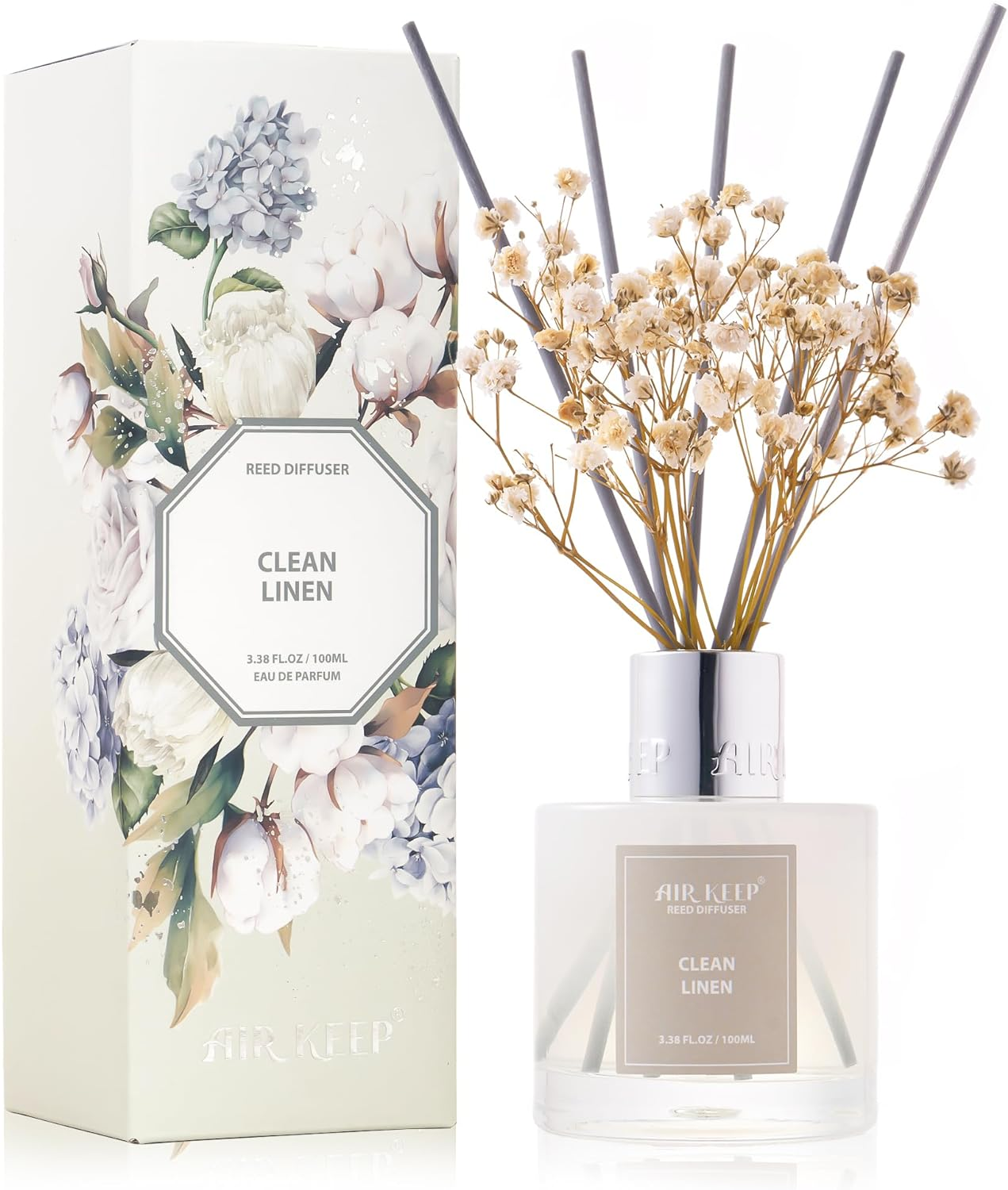 Airkeep Reed Diffuser Set,3.38 Fl Oz (100 Ml) - Clean Linen Oil Diffusers with 8 Reed Sticks,Home Fragrance Reed Diffuser for Bathroom Shelf Decor