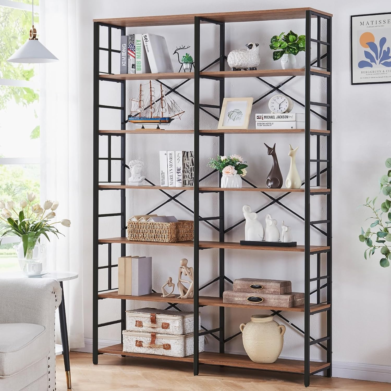 HOMISSUE Bookshelf, Industrial Double Wide 7-Tier Bookshelves, 84