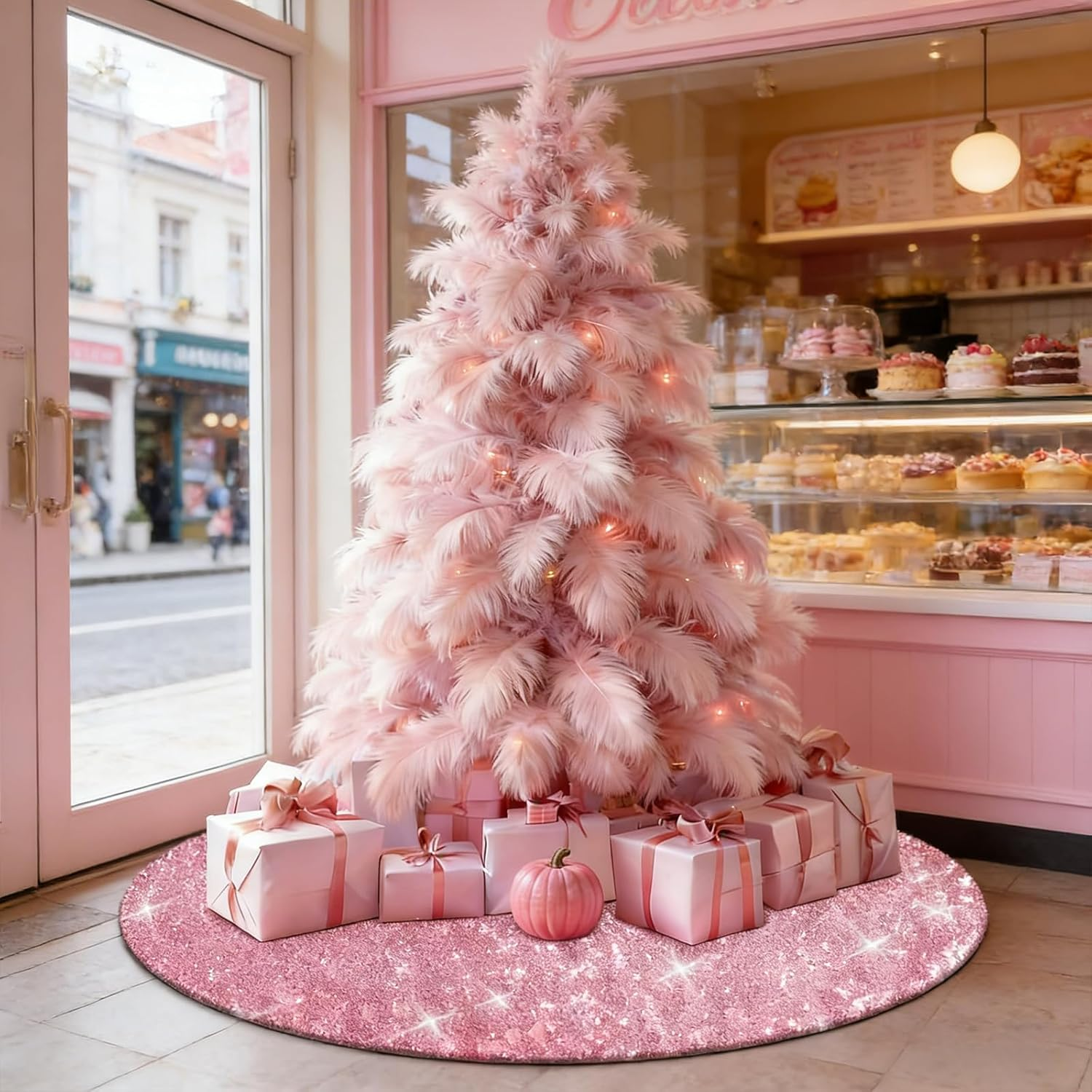 Yuboo Pink Tree Skirt Decor, 48 Inch Spring Sequin Pink Christmas Tree Skirt Mat for Rose Gold Christmas Decorations