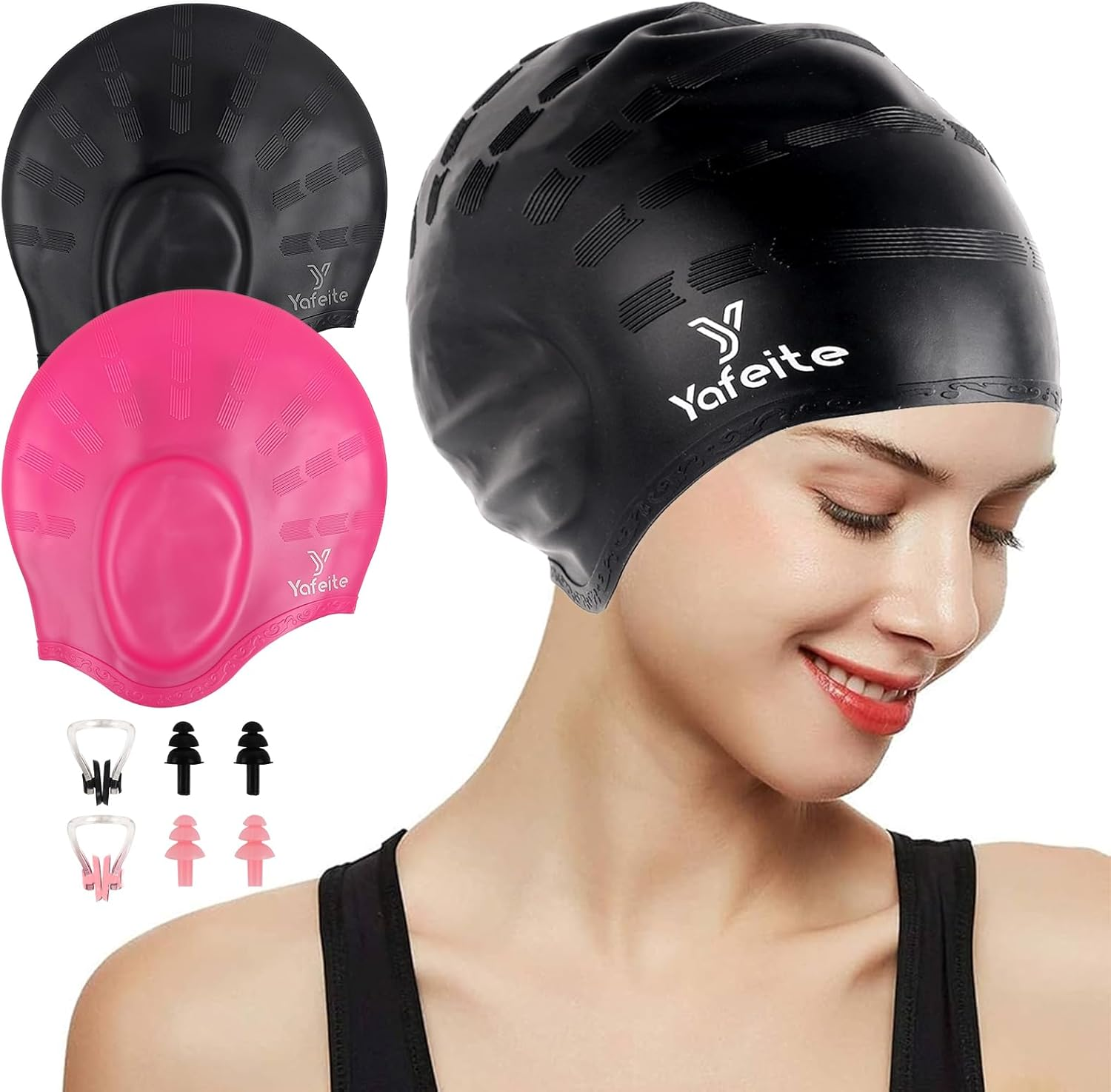 Swim Cap for Women Men - Large Silicone Swimming Cap for Long/Short Hair with 3D Ear Protection, Durable Non-Slip Waterproof Bath Swim Cap with Extra Room for Adults