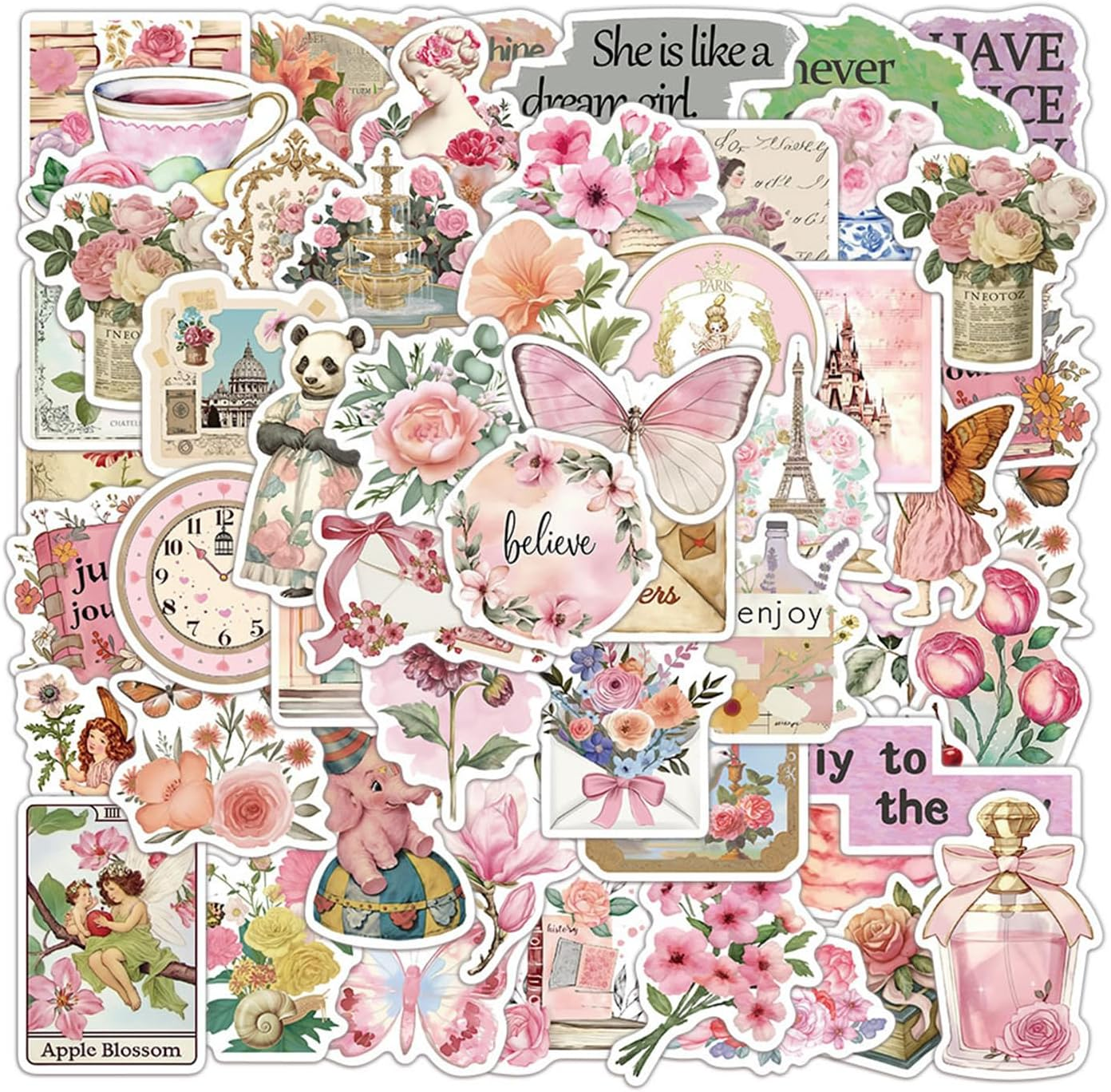 50PCS Retro Pink Collage Doodles Sticker Butterfly Flower Letter Theme PVC St... - Picture 8 of 14