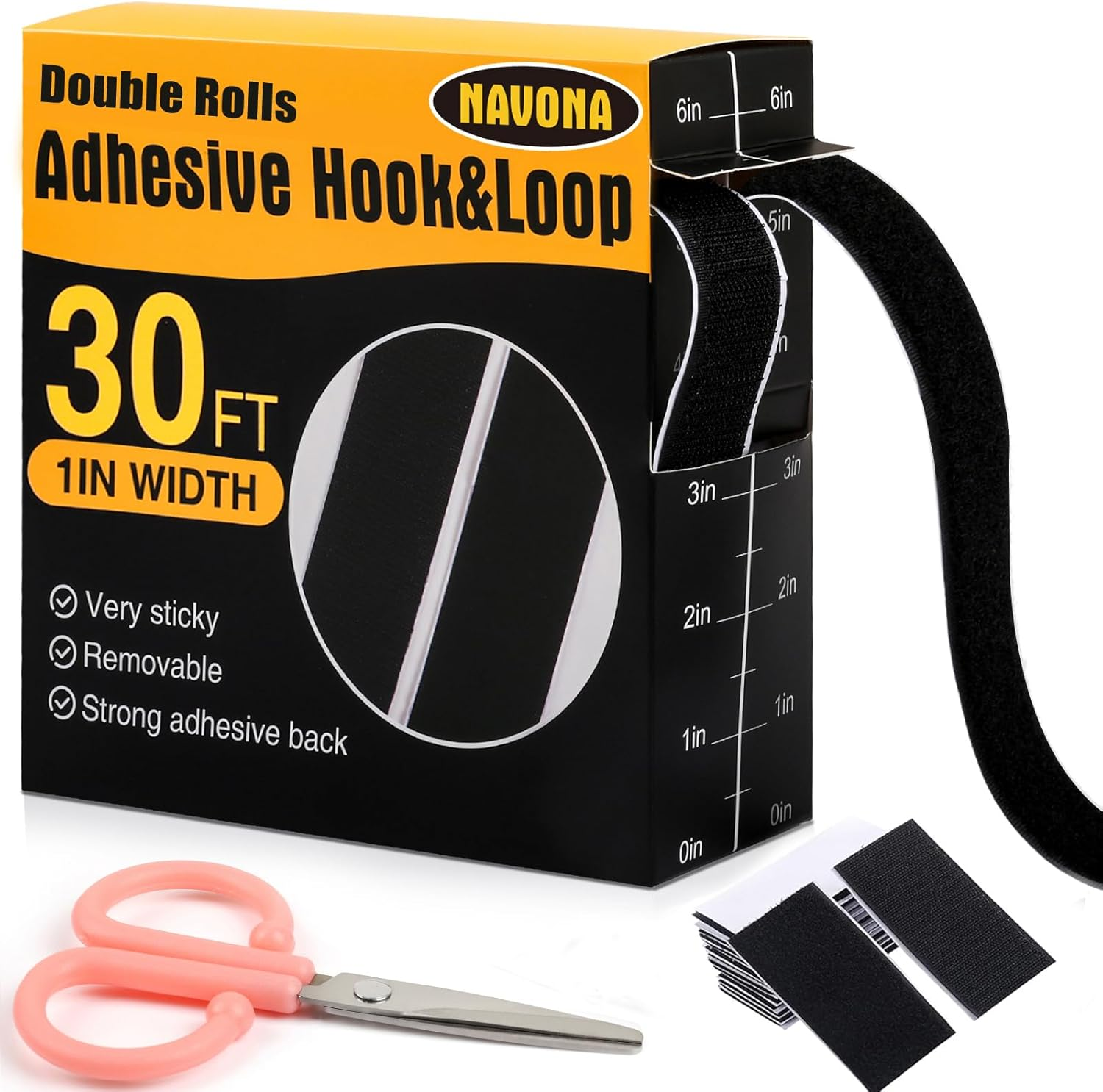 Navona 30Ft X 1 Inch Hook and Loop Strips with Adhesive, Double Rolls of Heavy Duty Self Adhesive Tape with Backing, Nylon Self Adhesive Tape for Home Office School and Crafting,Black