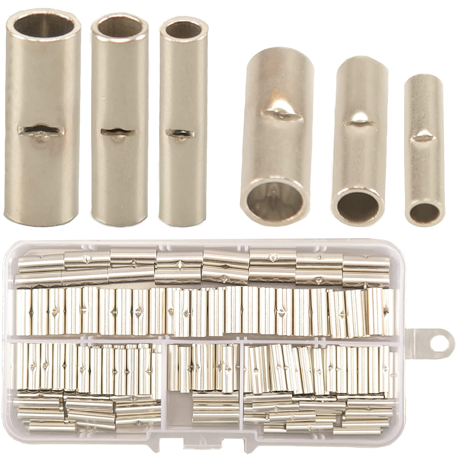 150pcs Non Insulated Butt Connectors Kit, Butt Splice Wire Connectors, Uninsulated Crimp Connectors, 22-18AWG 16-14AWG 12-10AWG Electrical Connectors Kit, Crimp Terminals Cable Connectors