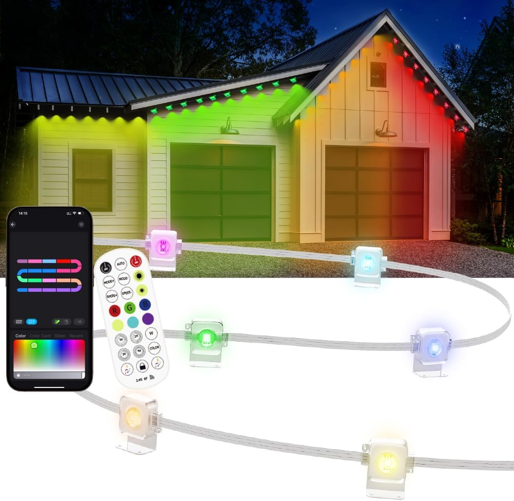 50Ft Permanent Outdoor Light, Smart RGB plus IC outside Lights for House, App/Remote Control String Light, Compatible with Alexa, IP67 Waterproof LED Strip for Daily Party Christmas All Holiday Decor