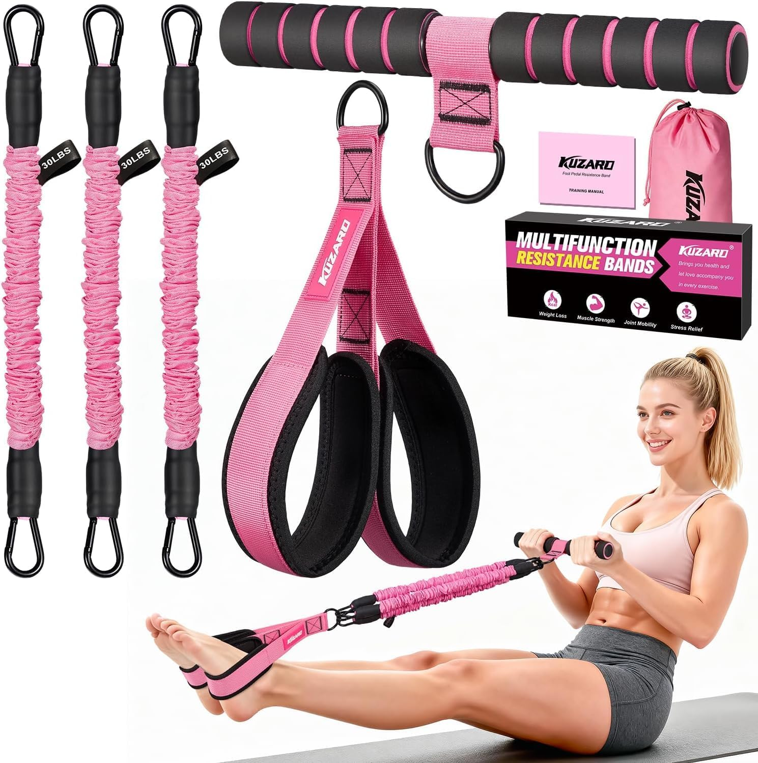 Upgraded Multifunction Pedal Resistance Band with Handle, 3 Tube Adjustable Resistance Bands for Abdomen, Waist, Arm, Core/Abs, Leg Workout - Sit up Exercise Equipment for Women
