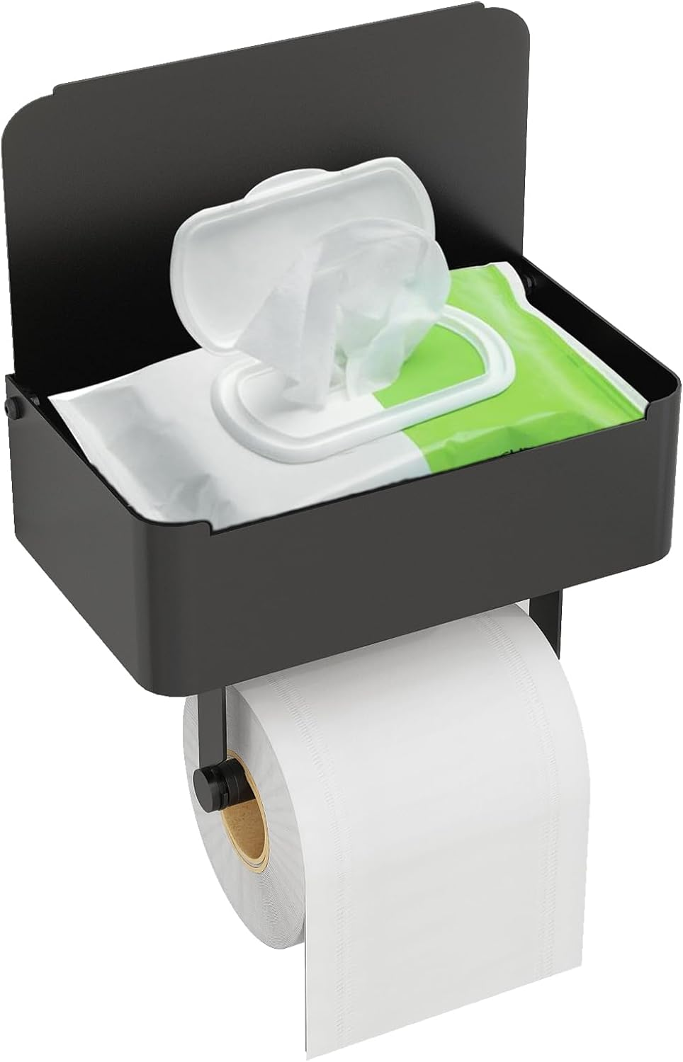 Toilet Paper Holder with Shelf, Flushable Wipes Dispenser Fits for Bathroom Wipe Storage, Keep Your Wipes Hidden Out of Sight - SUS304 Stainless Steel Wall Mount Organizer (Matte Black)