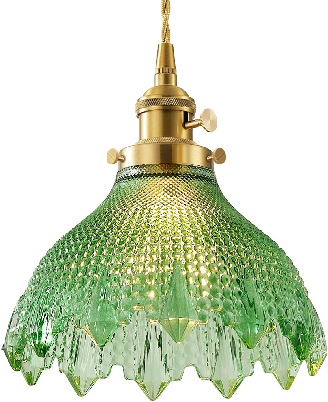 Vintage Green Flower Glass Pendant Light with Gold Hanging Wire, 8 Inch