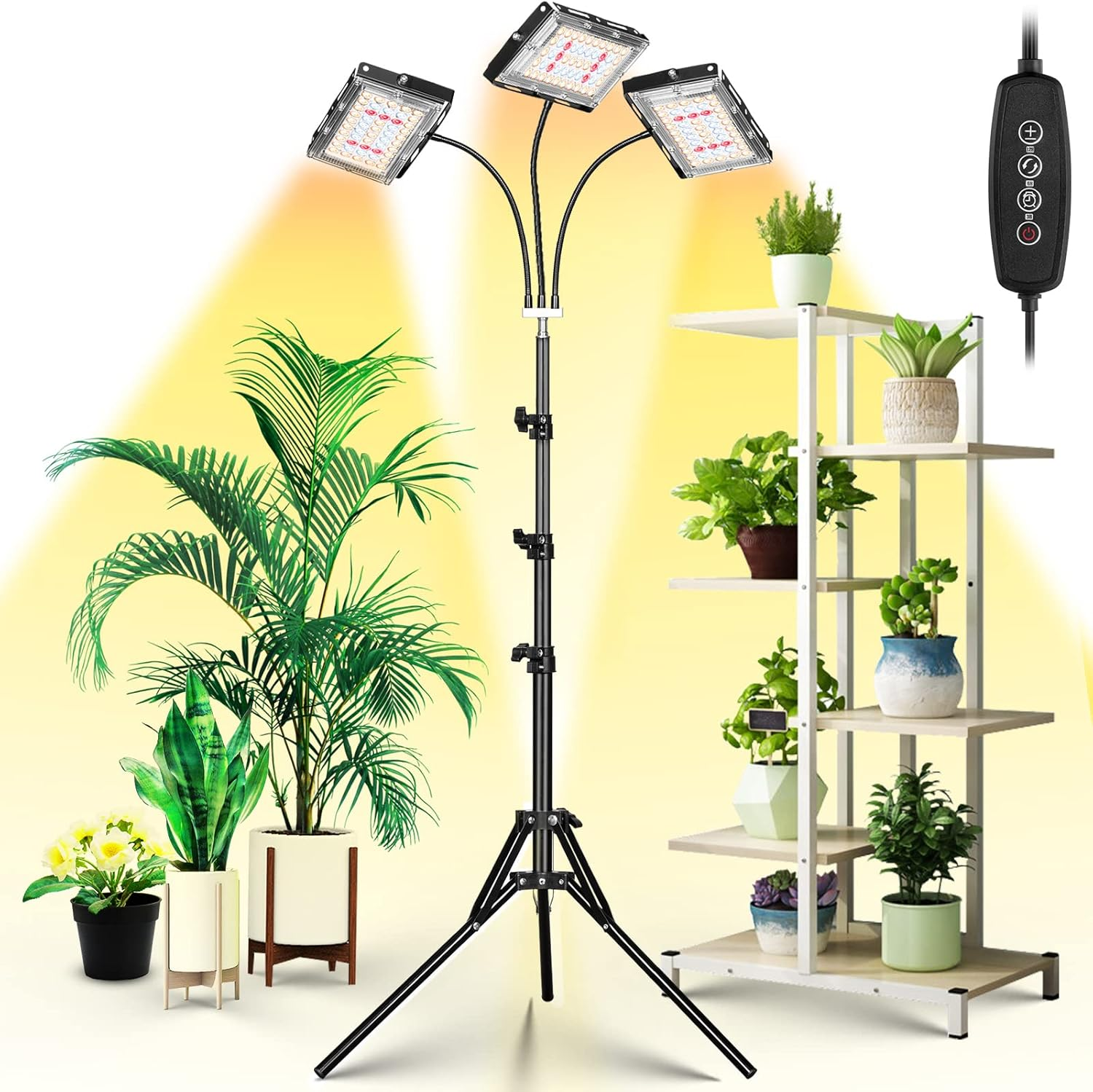 LBW Grow Light with Stand, Tri-Head LED Plant Light for Indoor Plants, Full Spectrum 150 Leds, 3/6/12H Timer, 6 Dimmable Levels, 3 Switch Modes, Adjustable Tripod Stand 15-63 Inches