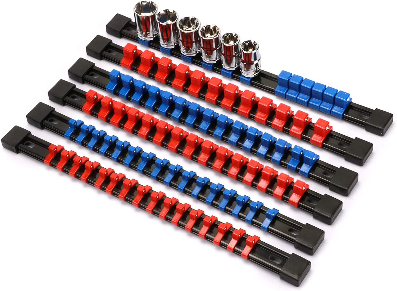 6PC ABS Socket Organizer, 1/4-Inch, 3/8-Inch, 1/2-Inch, Premium Quality Socket Holders (6-Piece Set, Blue & Red)