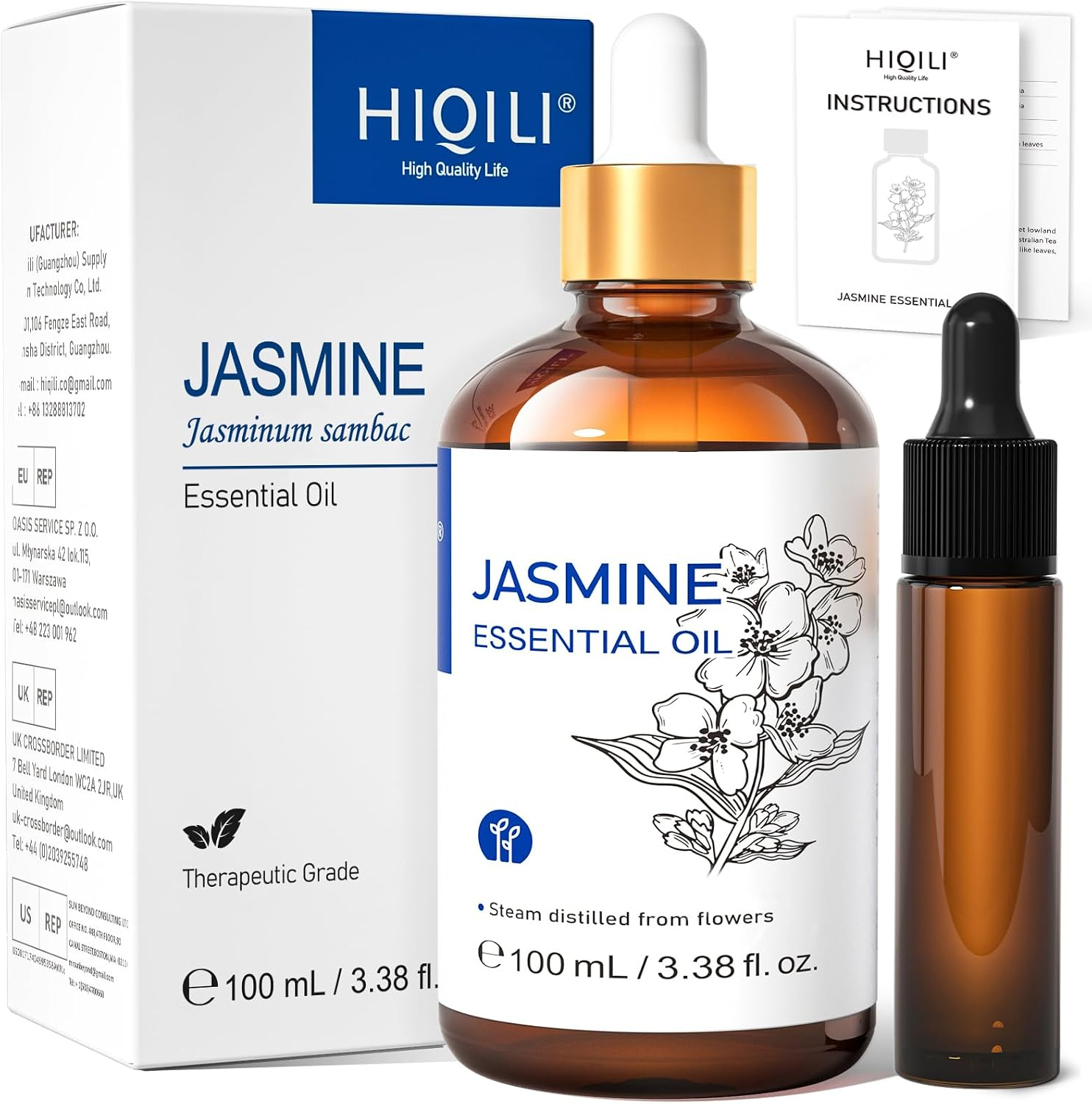 HIQILI Jasmine Essential Oil for Diffuser, Massage & Perfume Making