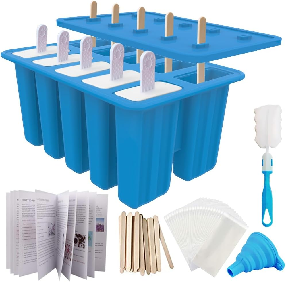 Homemade Popsicle Molds, 10-Cav Non-Bpa Silicone Ice Pop Maker, with 50 Sticks, 50 Bags, 10 Reusable Sticks, Funnel, Brush and Ice Pop Recipe (Blue)