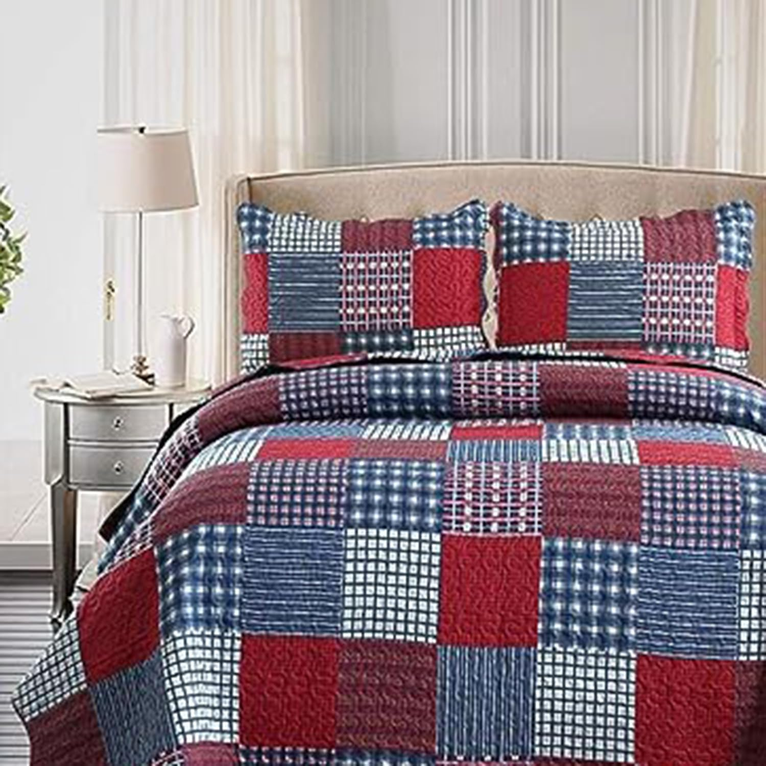 Hailea Red Blue Plaid Quilt Set Full/Queen Size Country Patchwork Bedding 