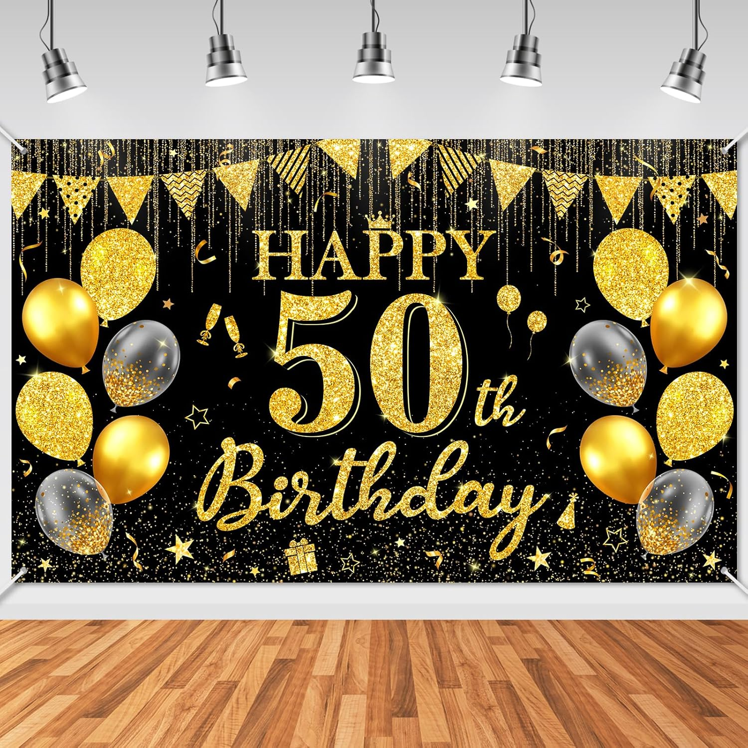 50Th Birthday Decorations Happy 50Th Birthday Banner Backdrop for Men Women 6X3.6 Ft 50 Year Old Bday Party Decor Background Home Outdoor, Black and Gold