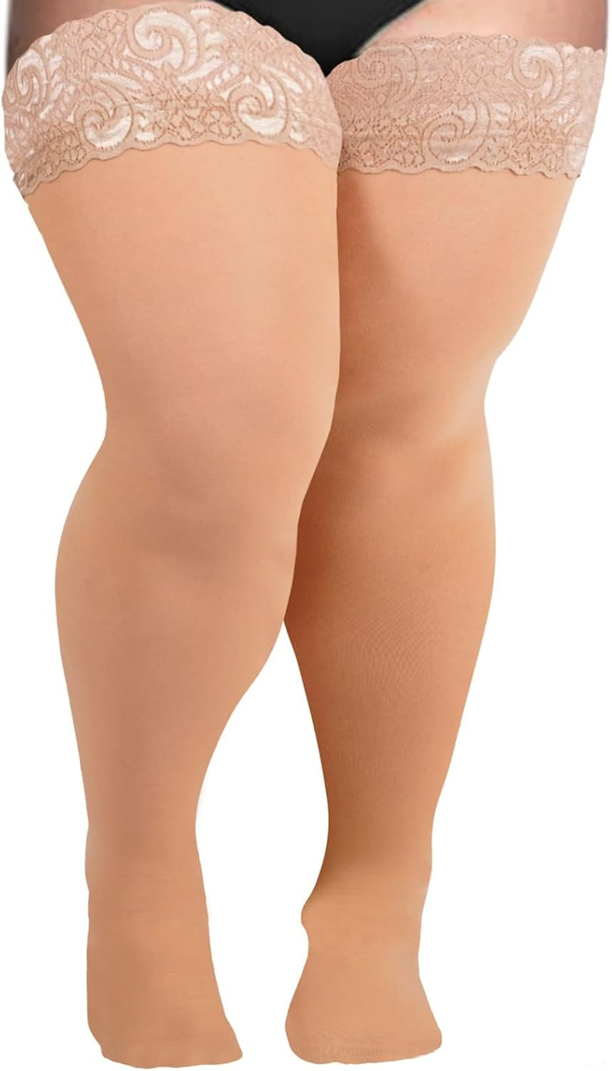 Moon Wood plus Size Lace Top Silicone Stay-Up Thigh High Stockings for Women Sexy Semi Sheer Hosiery for Party