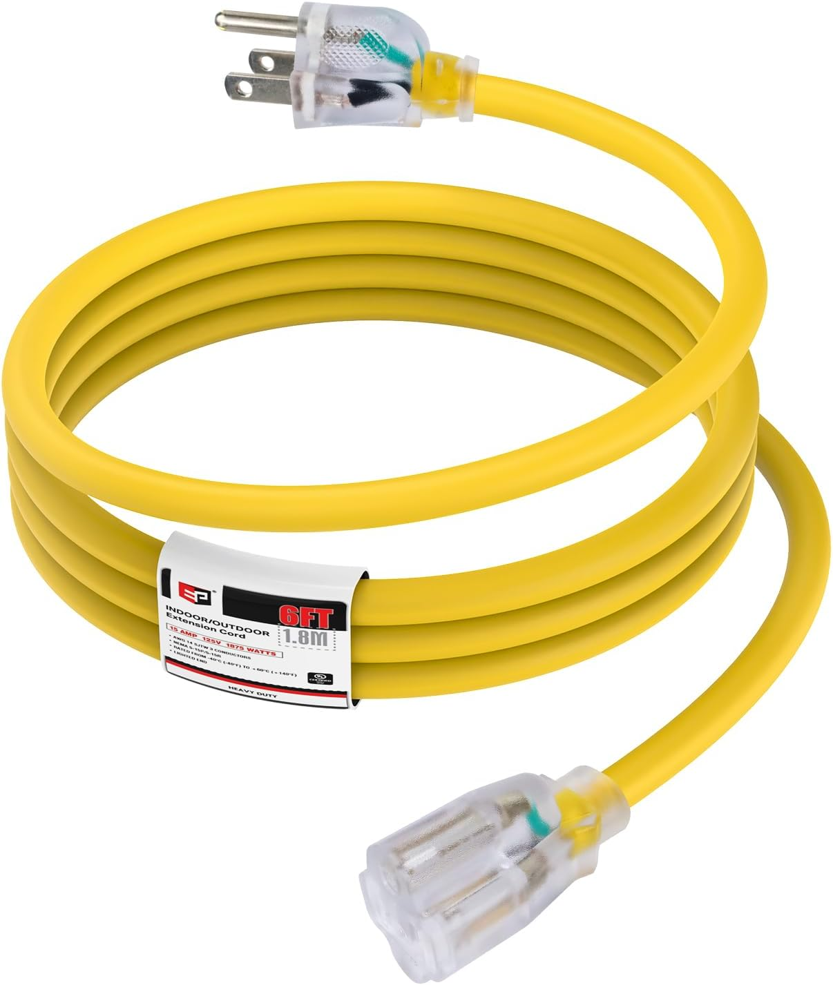 EP 6 Ft 14/3 Lighted Outdoor Extension Cord - 14 Gauge SJTW Heavy Duty Yellow Extension Cable with 3 Prong Grounded Plug, Great for Lawn, Garden, Appliances