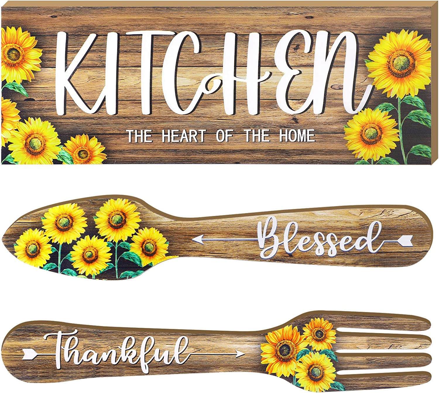 3 Pieces Sunflower Kitchen Decor Hello Summer Blessed Thankful Wooden Hanging Eat Signs Fork and Spoon Summer Farmhouse Wall Art Decor for Kitchen Home (Light Brown, 13.78 X 5.12 Inch)