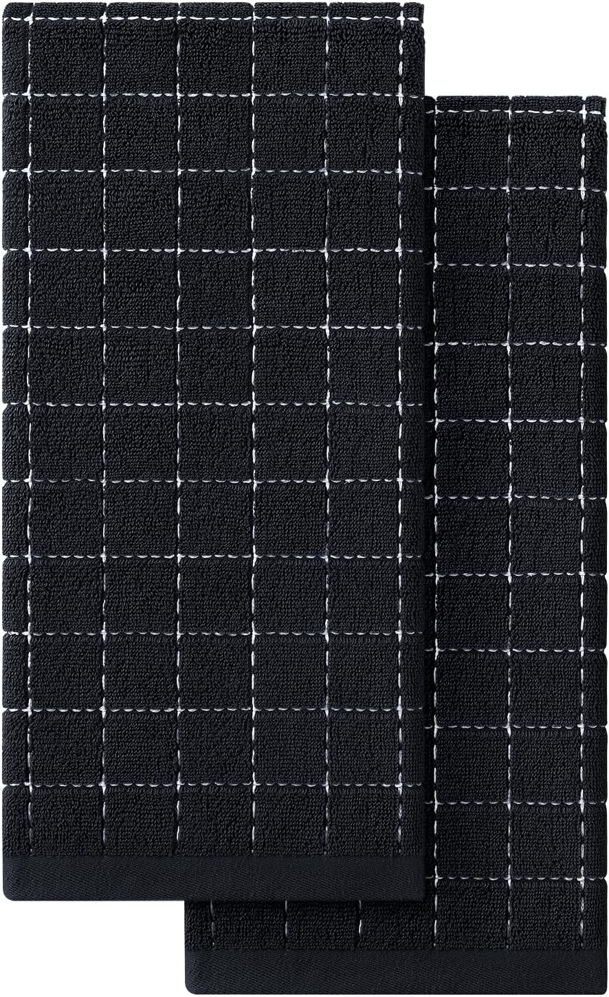 100% Cotton Terry Kitchen Towels(Black, 13 x 28 inches), Checkered Designed, Soft and Super Absorbent Dish Towels, 2 Pack