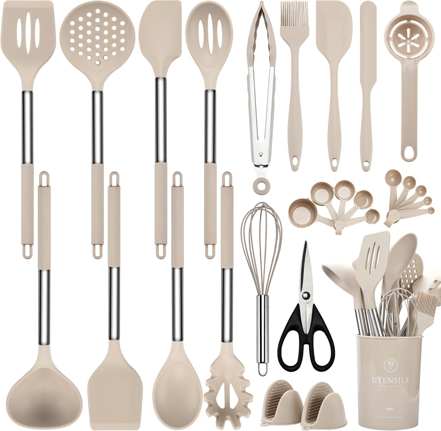 Silicone Cooking Utensils Set, 28 Pcs Kitchen Utensils Set 446°F Heat Resistant Spatula Set, Food Grade Silicone and Stainless Steel Handle Kitchen Gadgets for Nonstick Cookware BPA Free