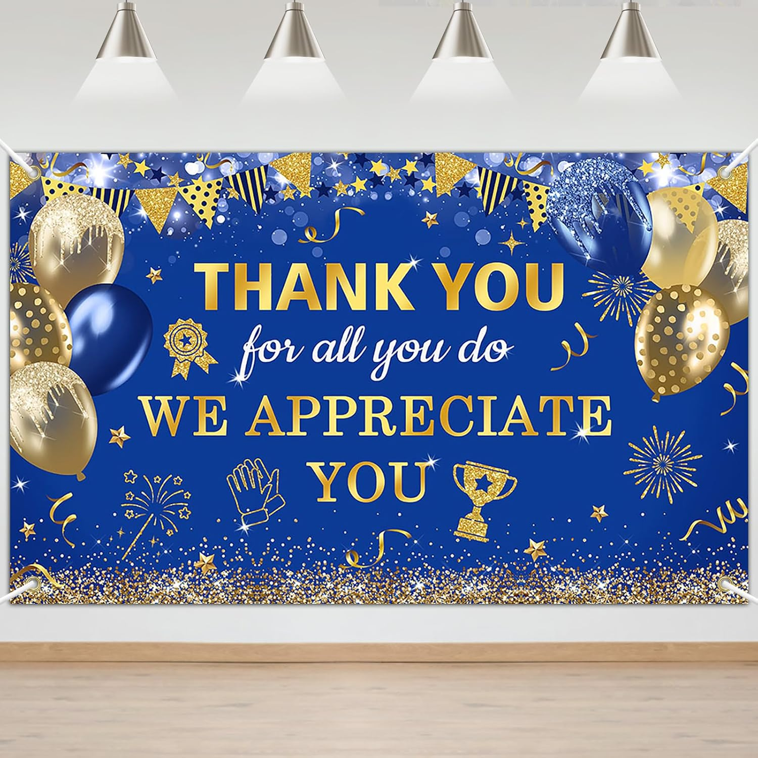 Blue and Gold Employee Appreciation Banner Backdrop 6x3.6 Ft