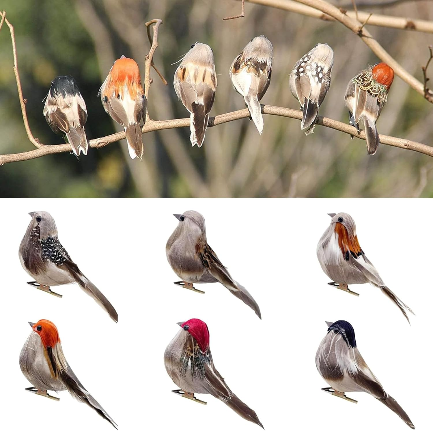 6Pcs Artificial Birds Realistic 3.9-Inch Simulation Foam Feather Sparrow Bird Clip on Ornaments for Christmas Decoration Craft Wedding Party Accessories
