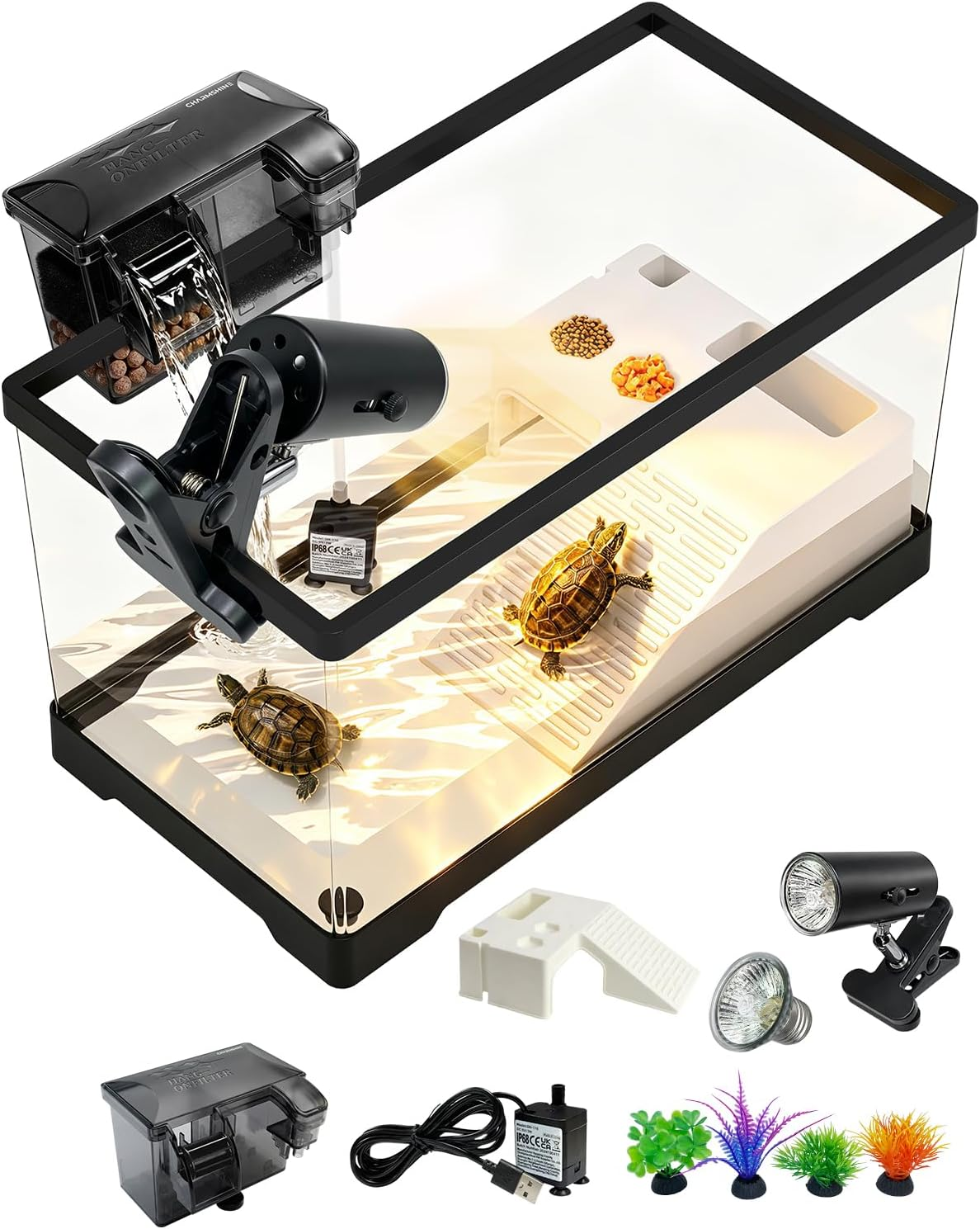 15.7In Turtle Tank Starter Kit with Basking Platform, Hang-On-Back Tank Filter, Adjustable Flow Pump & 360° Timer Basking Light, Bottom Drainage Reptile Aquarium for Small Turtles Aquatic Pets