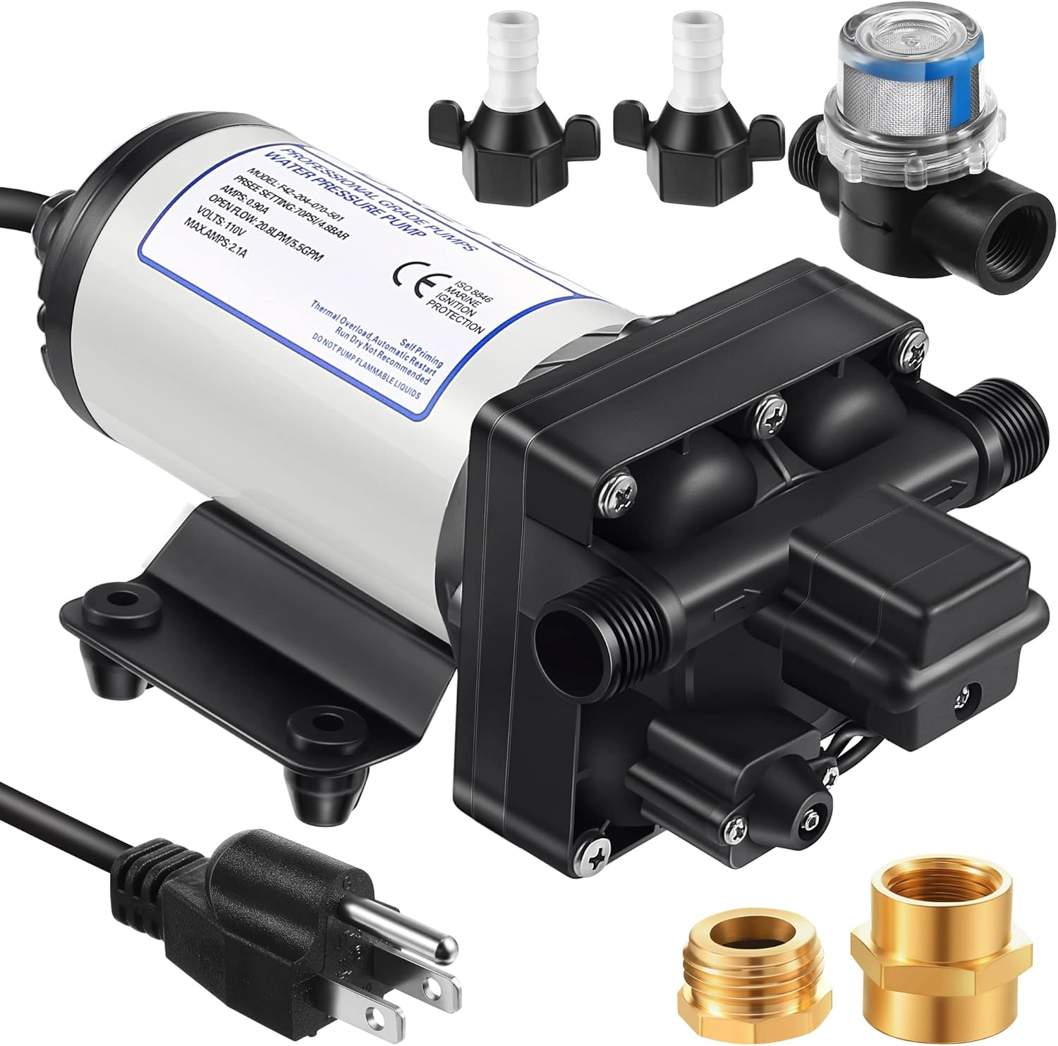 Water Pressure Booster Pump 110V 5.5 GPM 70 PSI, Self Priming Industrial Water Pump with Power Plug, Pipe Fittings Brass Connector Strainer Filter for Kitchen Bathroom Rv Marine Caravan Garden(Black)