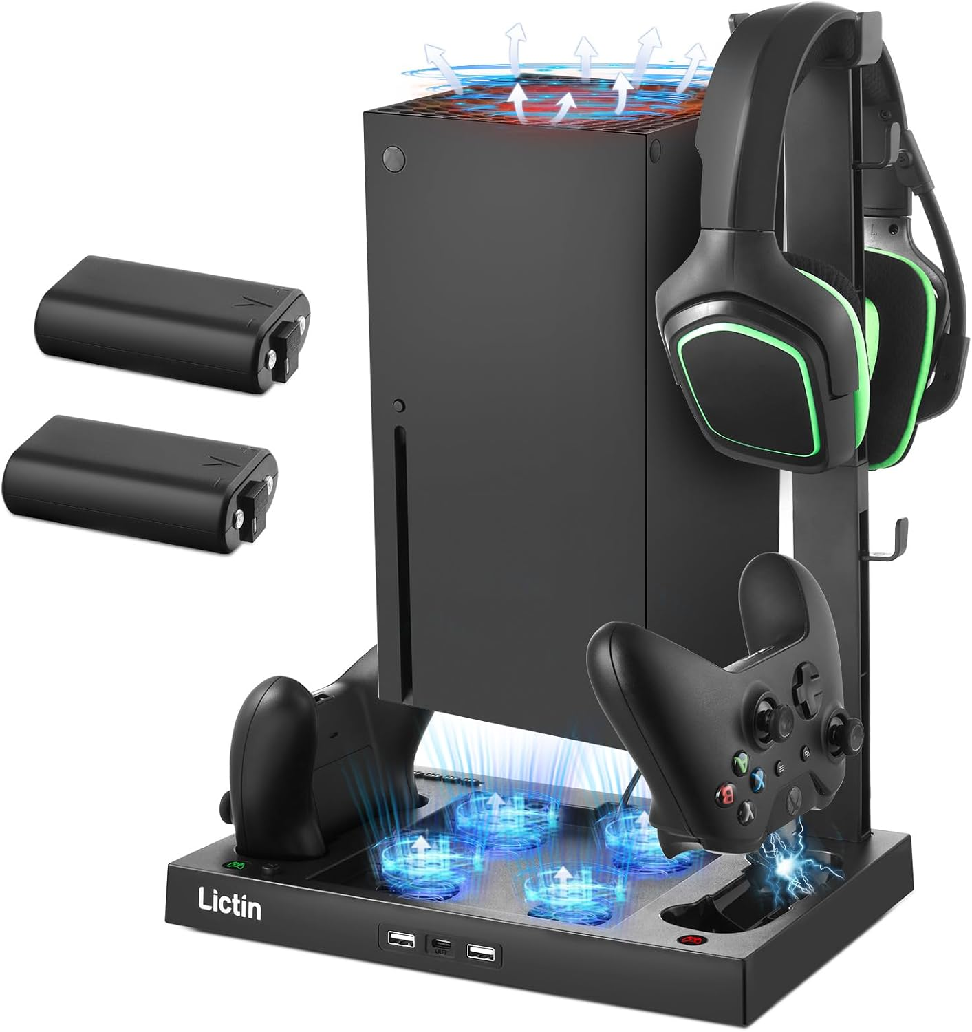 Cooling Fan Charging Station for Xbox Series X Console & Controller, Upgraded 4 Cooler Fan System Stand, Vertical Dual Charger Station Dock Accessories with 2 X 1400Mah Rechargeable Battery