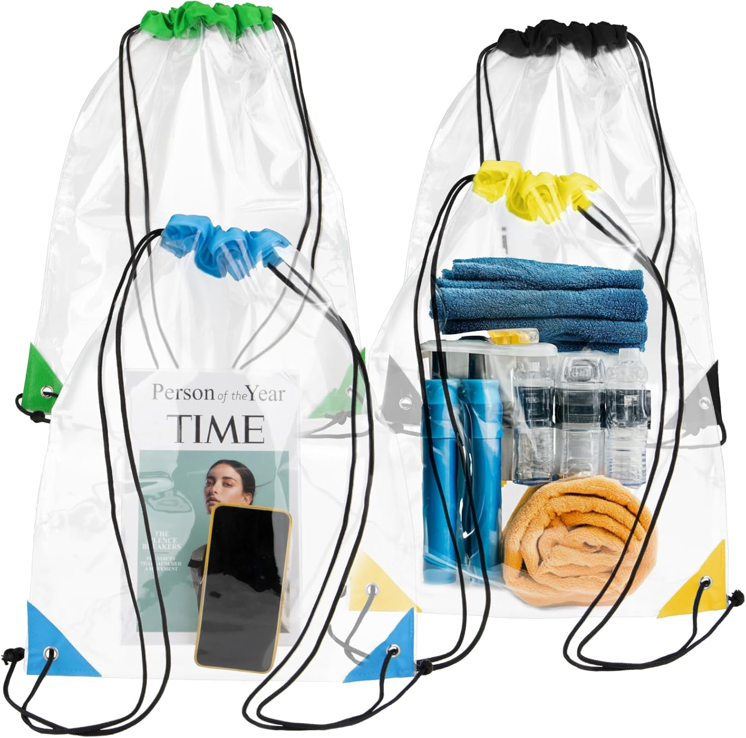 4PCS Clear Drawstring Bags for Stadium Events - Clear Drawstring Backpack PVC Waterproof Stadium Approved Large Transparent String Backpack for Concert, Sports, Gym for Men and Women