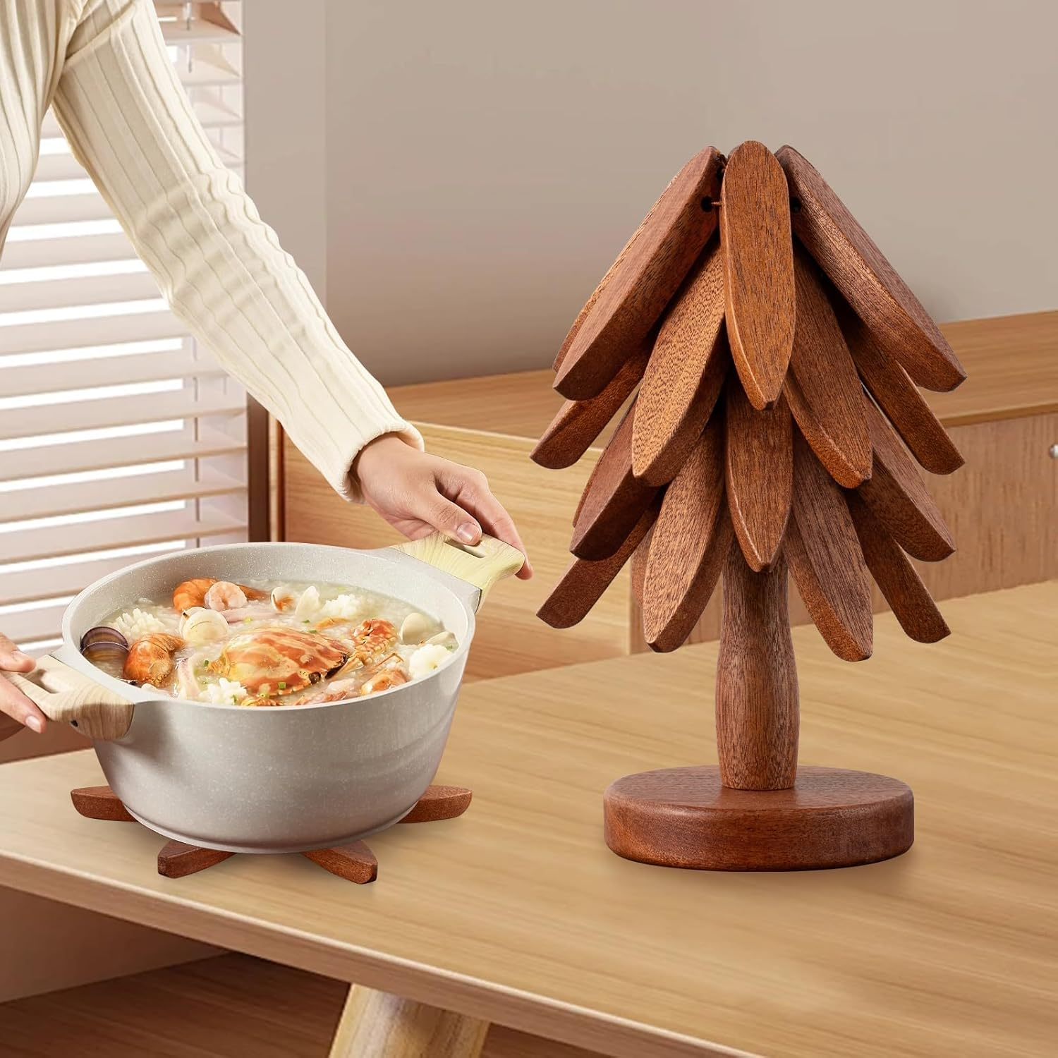 Wooden Trivets for Hot Dishes,Tree Shape Trivet Set,4 Trivets+1 Stand,Natural... - Picture 7 of 14