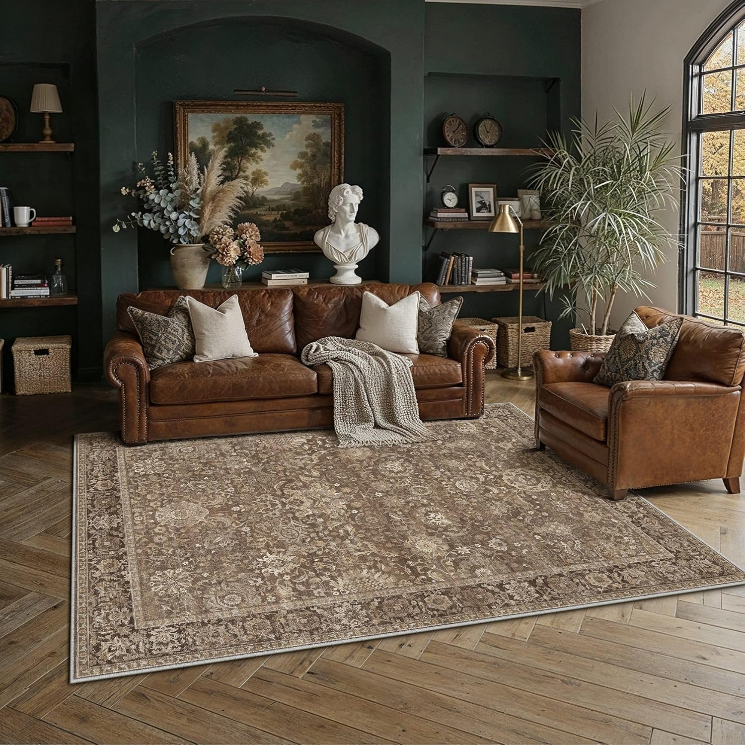 Area Rugs 5X7 Vintage Brown Machine Washable Large Living Room Bedroom Rug Retro Distressed Non Slip Stain Resistant Neutral Low Pile Throw Carpet for Home Aesthetic Decor