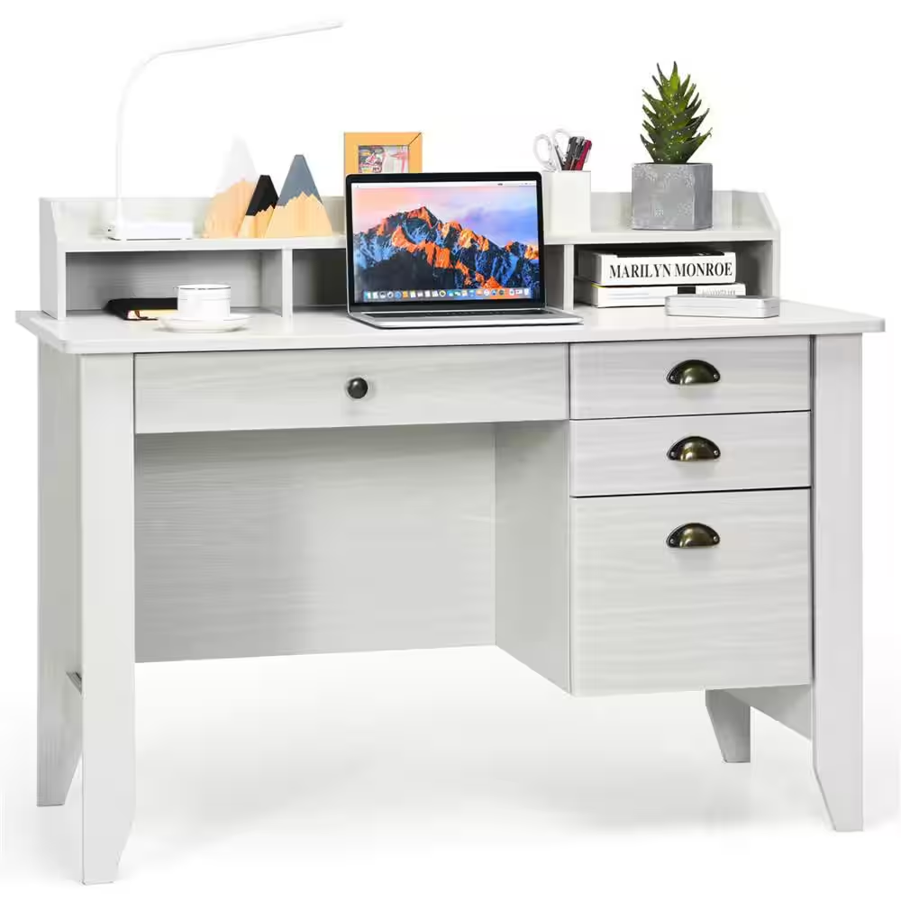 48 In. Rectangular White Wood 4-Drawer Computer Desk PC Laptop Writing Table Workstation Student Study Furniture White