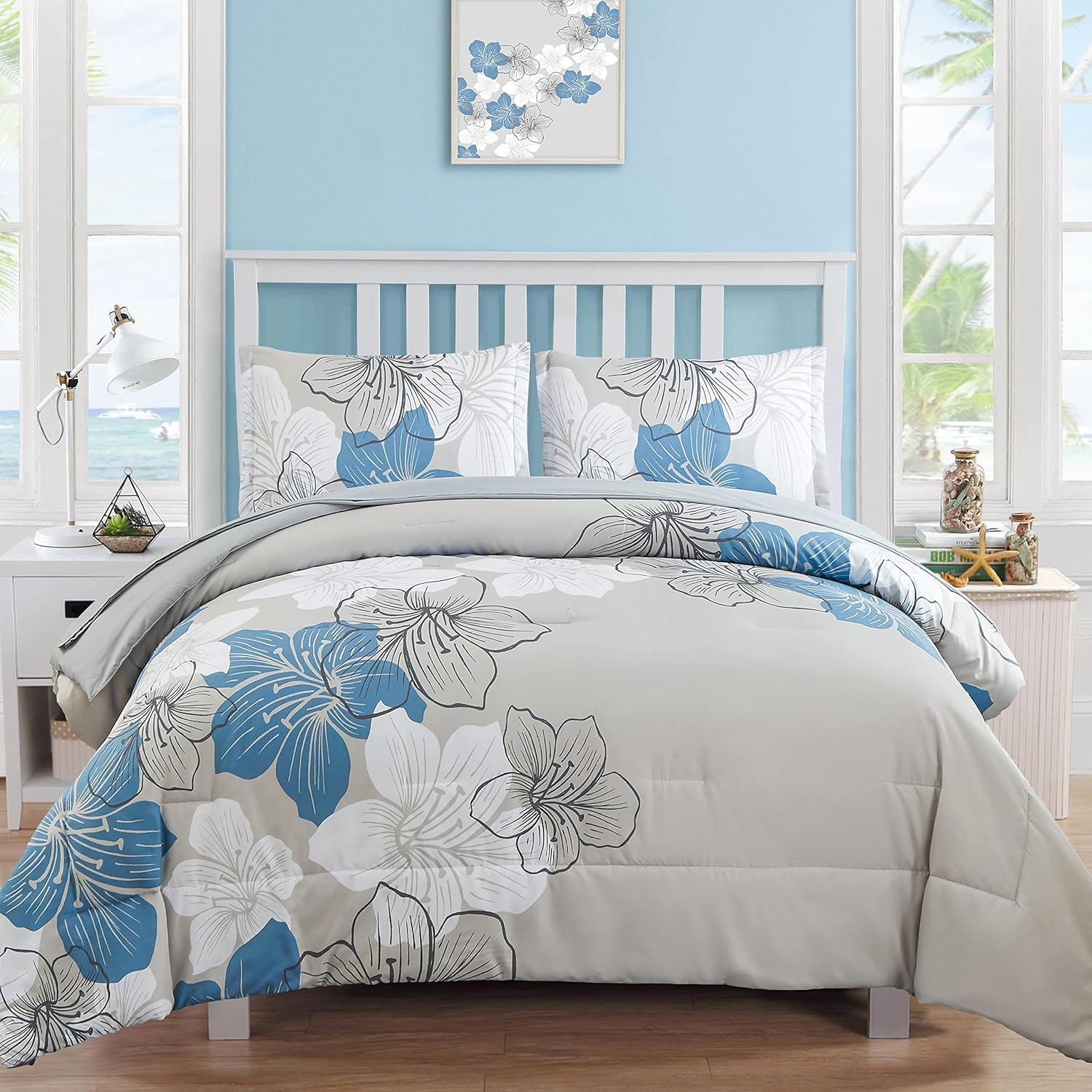 Floral Comforter Set Queen Size, Blue Floral Comforter and Sheet Set, 7 Pieces Bed in a Bag Soft Microfiber Complete Bedding Sets for All Seasons 90