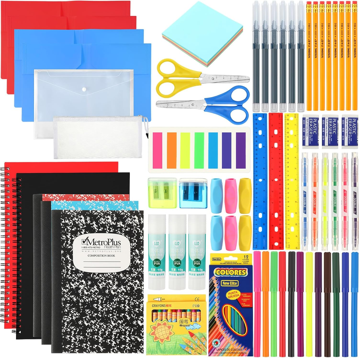 88 Pcs School Supply Kit 1 Set per Set Back to School Supplies | Student Essential Bundle Kit, Include Pencil Notebook Ruler Glue Scissor Sticky Note Eraser Pencil Sharpener