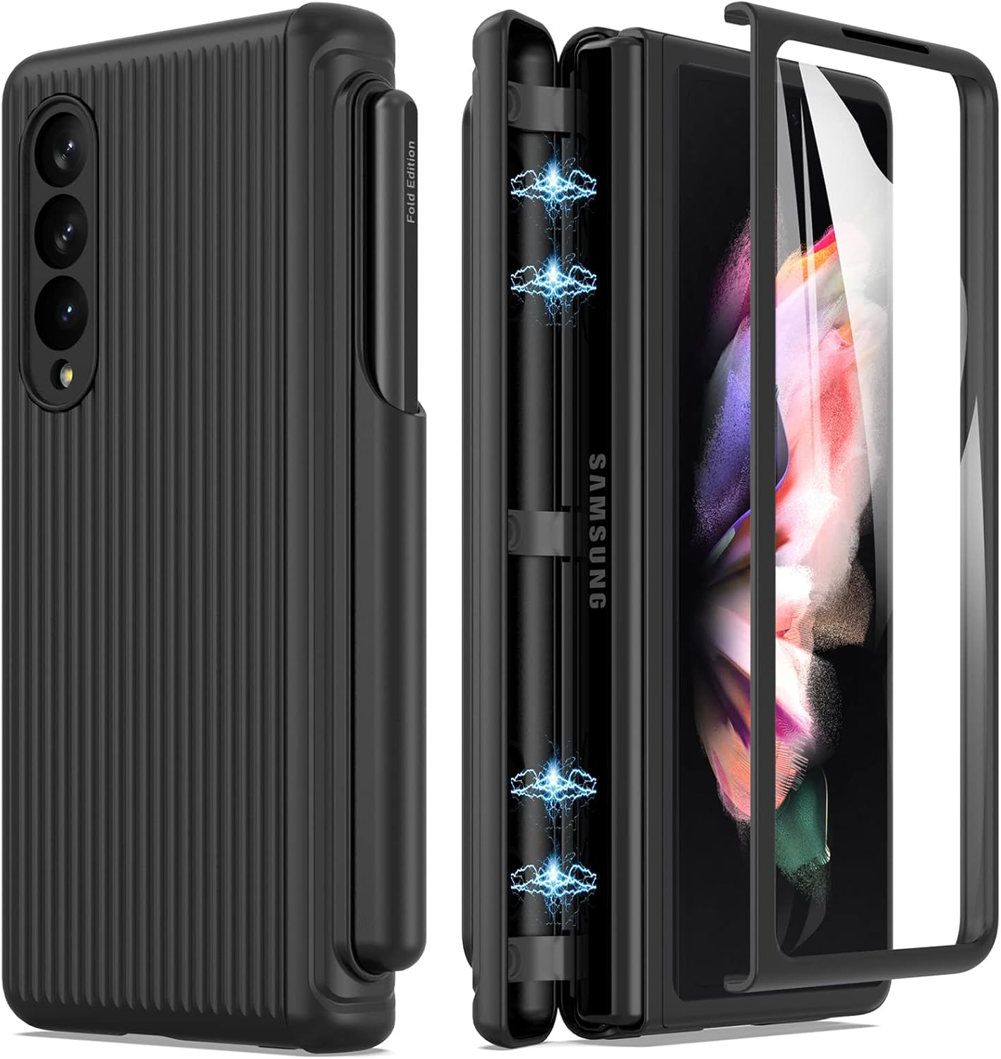 For Samsung Galaxy Z Fold 3 5G Case with Hinge Protection, S Pen Holder, Built-In Tempered Glass Screen Protector, Slim Fit 3D Non-Slip Texture 360 Degree Shockproof Phone Cover (Black)