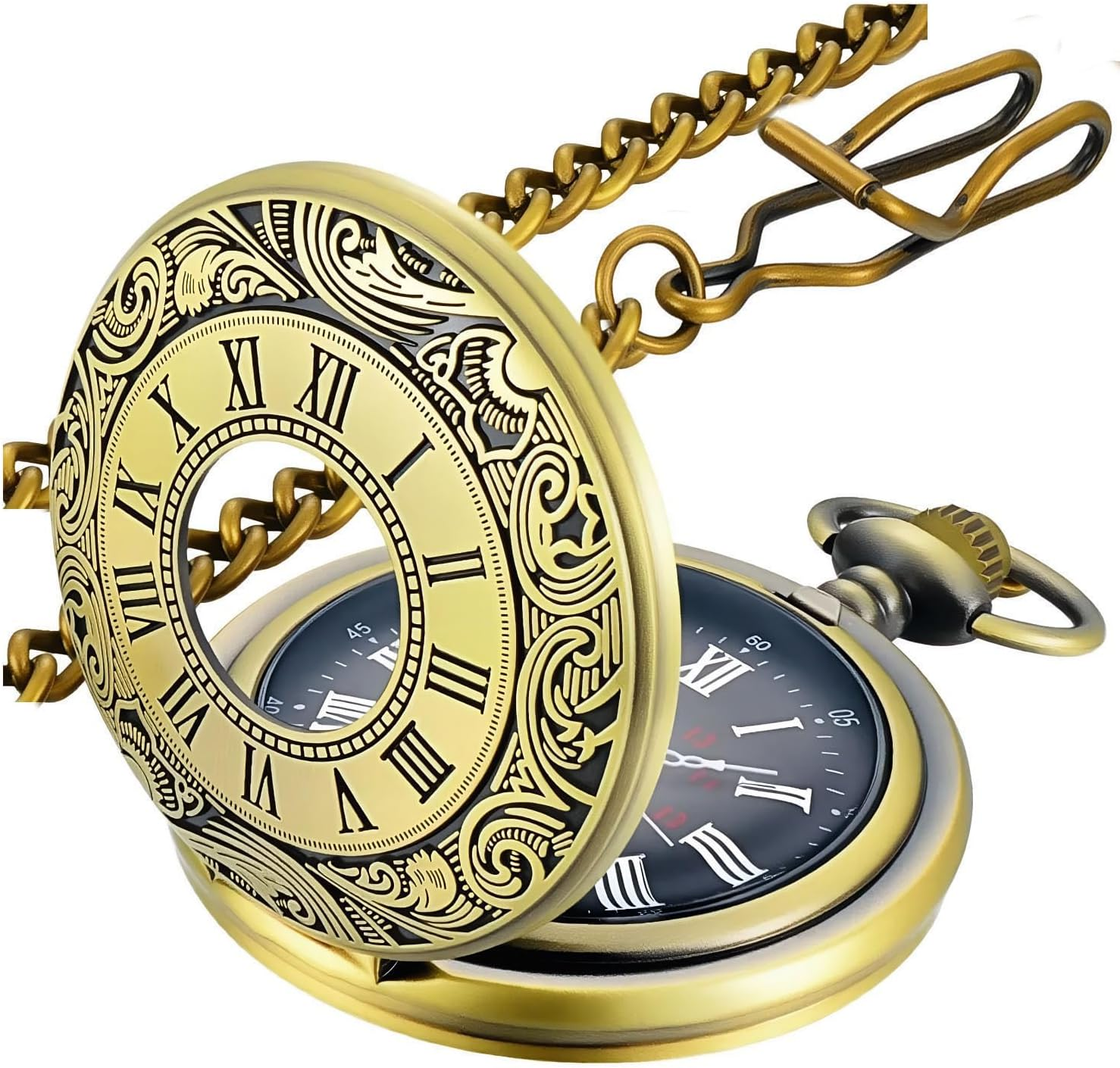 Vintage Pocket Watch Roman Numerals Scale Quartz Pocket Watches with Chain Christmas Graduation Birthday Gifts Fathers Day