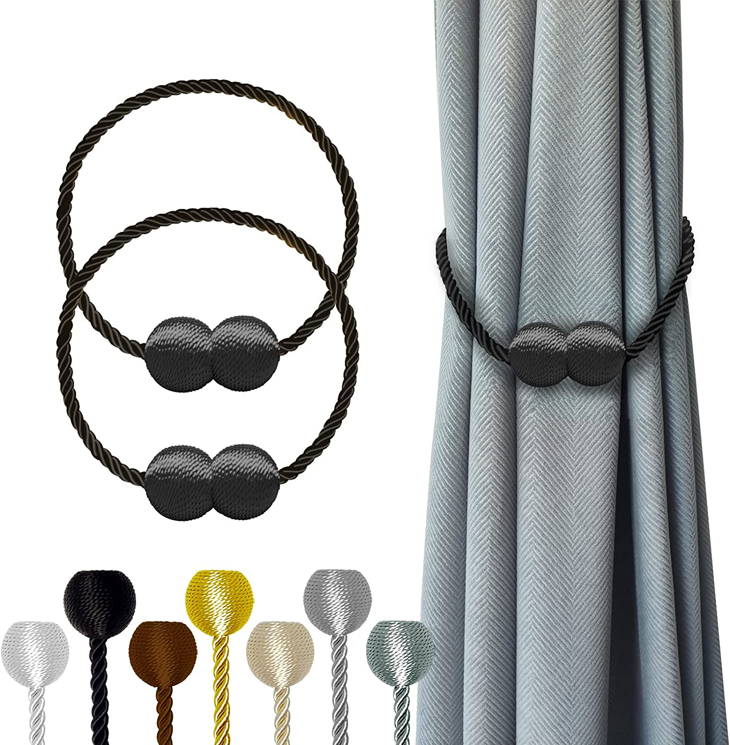 Magnetic Curtain Tiebacks Black 2Pcs, Curtain Tiebacks Buckles Holdbacks Holders Hooks Clip for Home Outdoor Bedroom Office Decorative Curtain