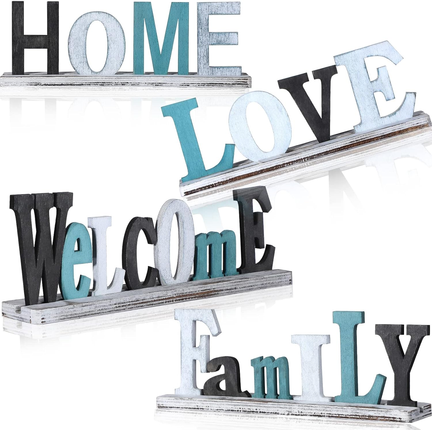 4 Pcs Family Wood Word Sign, Love Family Welcome Home Decorative Hanging Word Sign, Freestanding Cutout Letters Word Wall for Home Fireplace Table Decor(9.65 X 3.15 Inch)