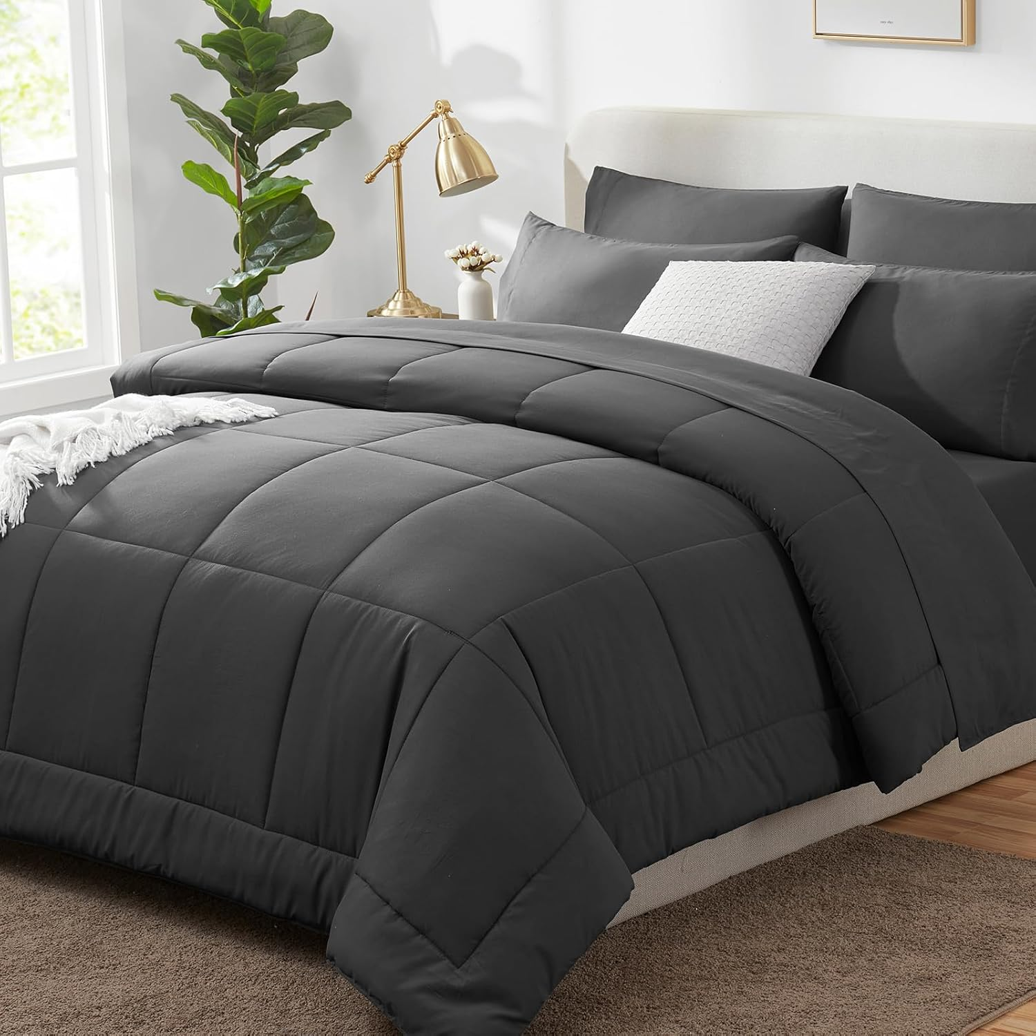 Full Size Comforter Sets Dark Grey, 7 Pieces Bed in a Bag, Dark Grey Comforter Full Size, All Season Bedding Sets with Stitch Quilted Comforter, Flat Sheet, Fitted Sheet, Pillowcases